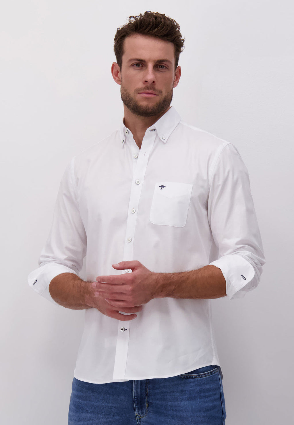 FYNCH HATTON OXFORD COTTON L/S SHIRT - WHITE