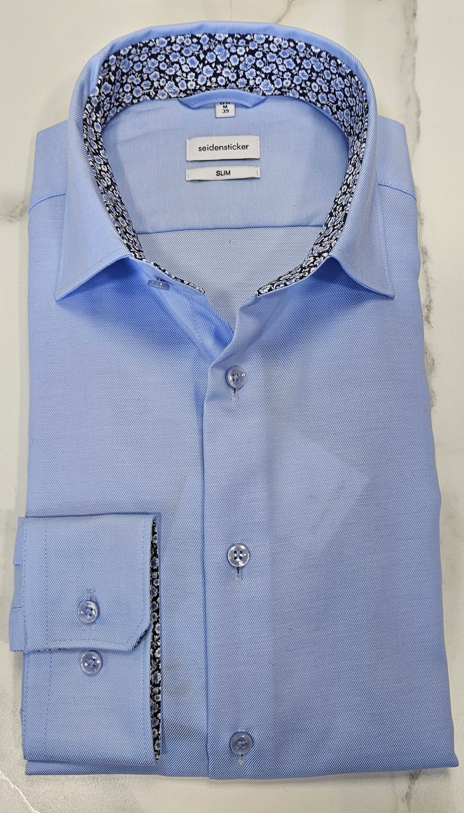 SEIDENSTICKER FLOWER TRIM COLLAR/CUFF SLIM FIT L/S  SHIRT - BLUE