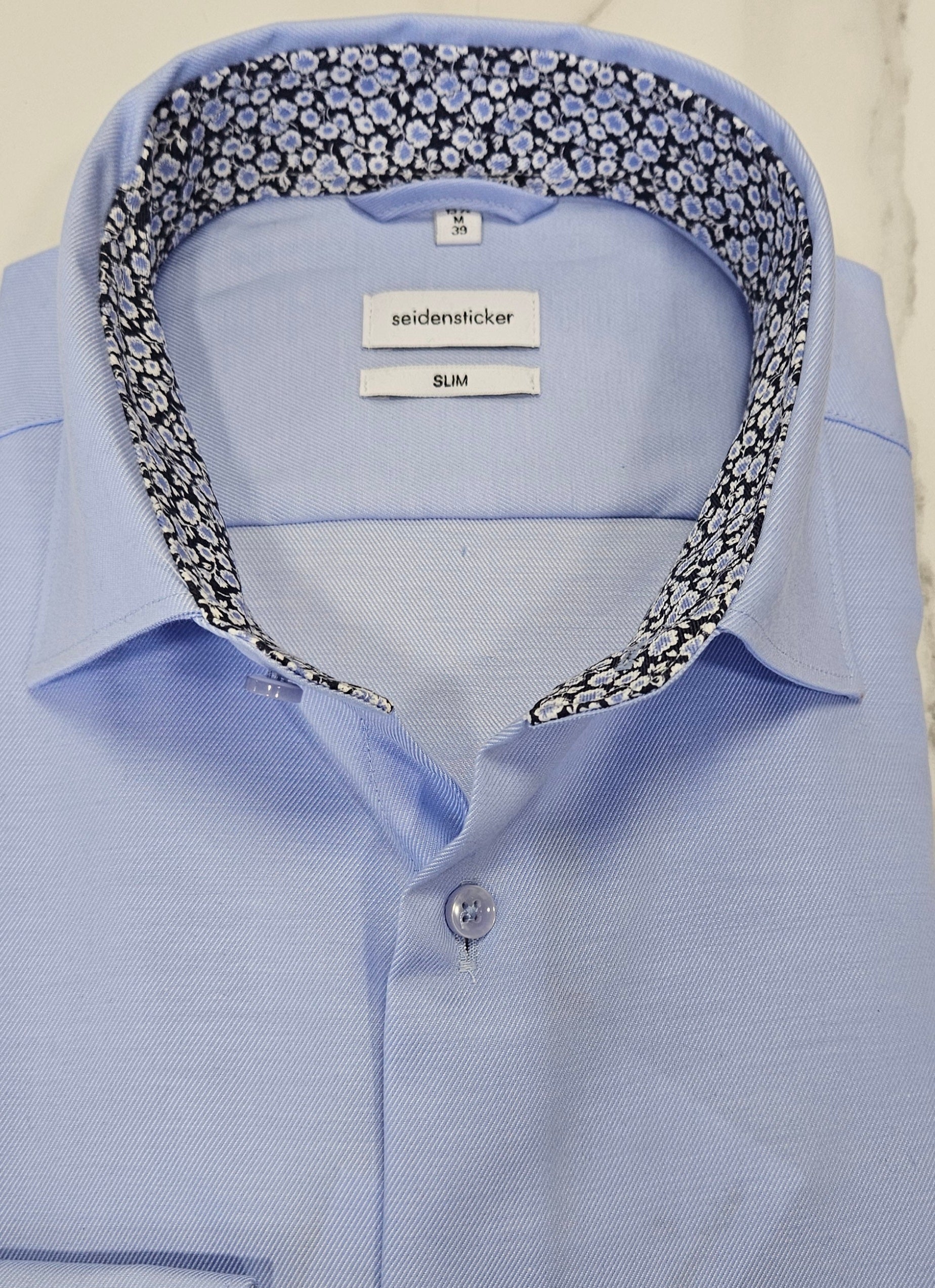 SEIDENSTICKER FLOWER TRIM COLLAR/CUFF SLIM FIT L/S  SHIRT - BLUE