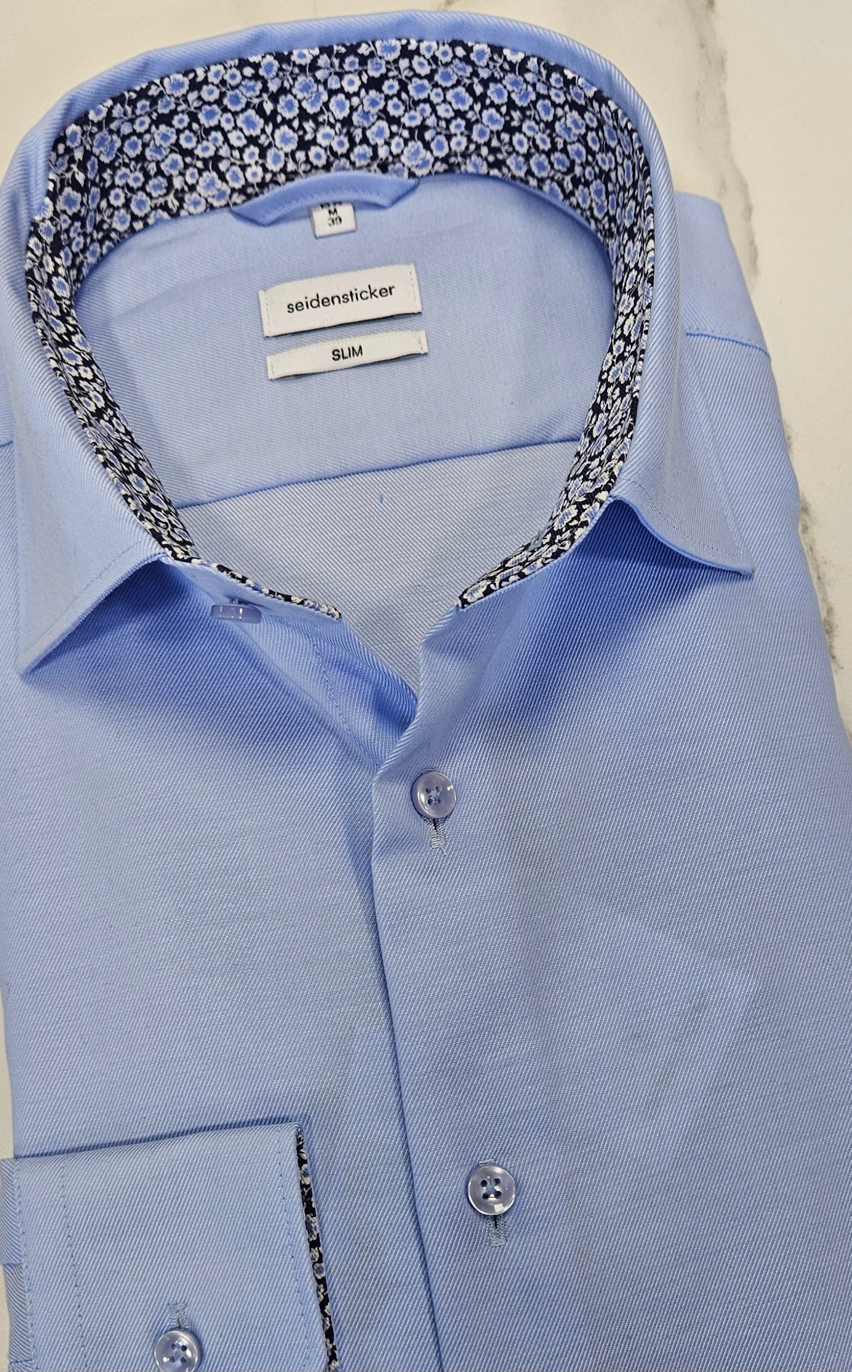 SEIDENSTICKER FLOWER TRIM COLLAR/CUFF SLIM FIT L/S  SHIRT - BLUE