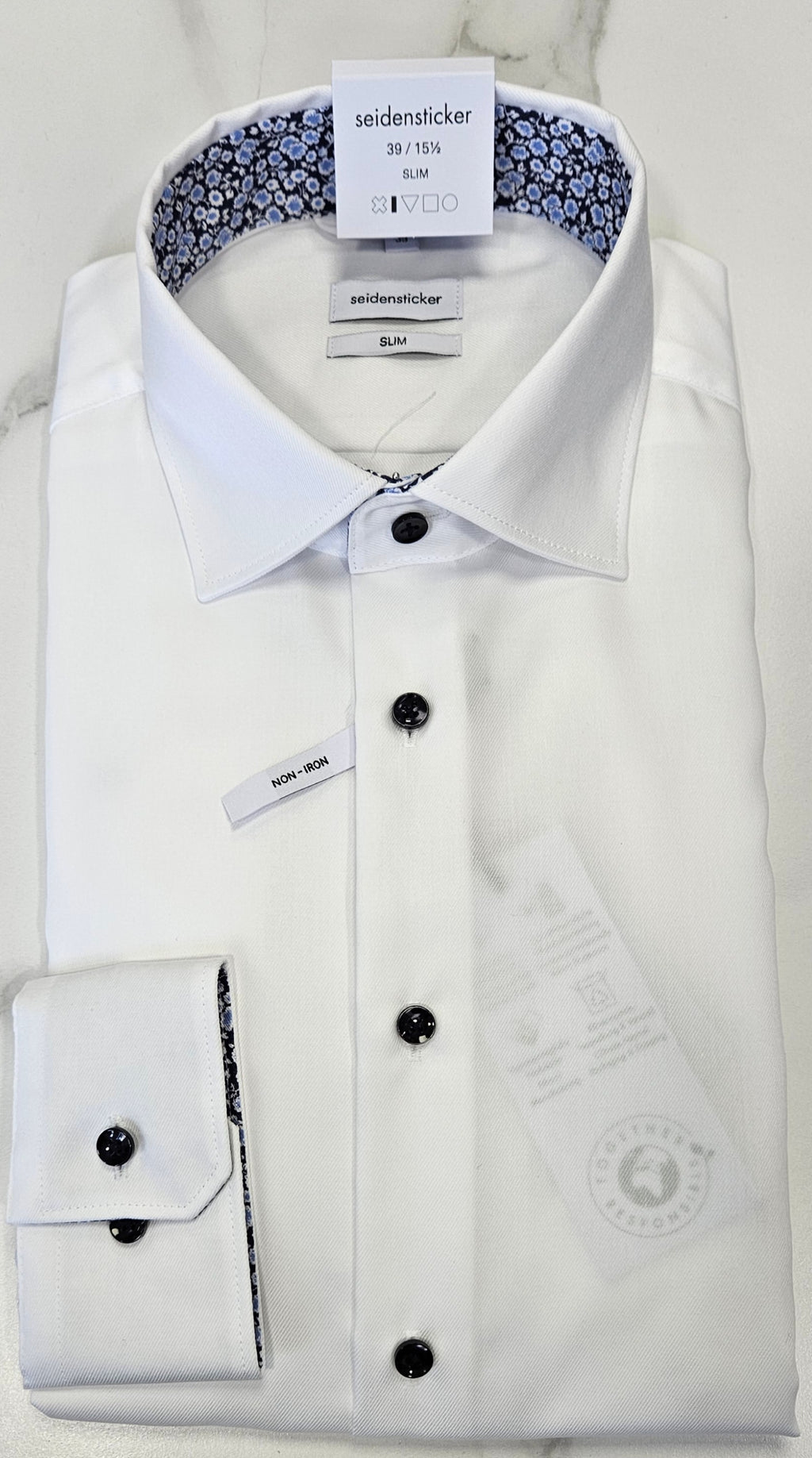 SEIDENSTICKER FLOWER TRIM COLLAR/CUFF SLIM FIT L/S  SHIRT - WHITE