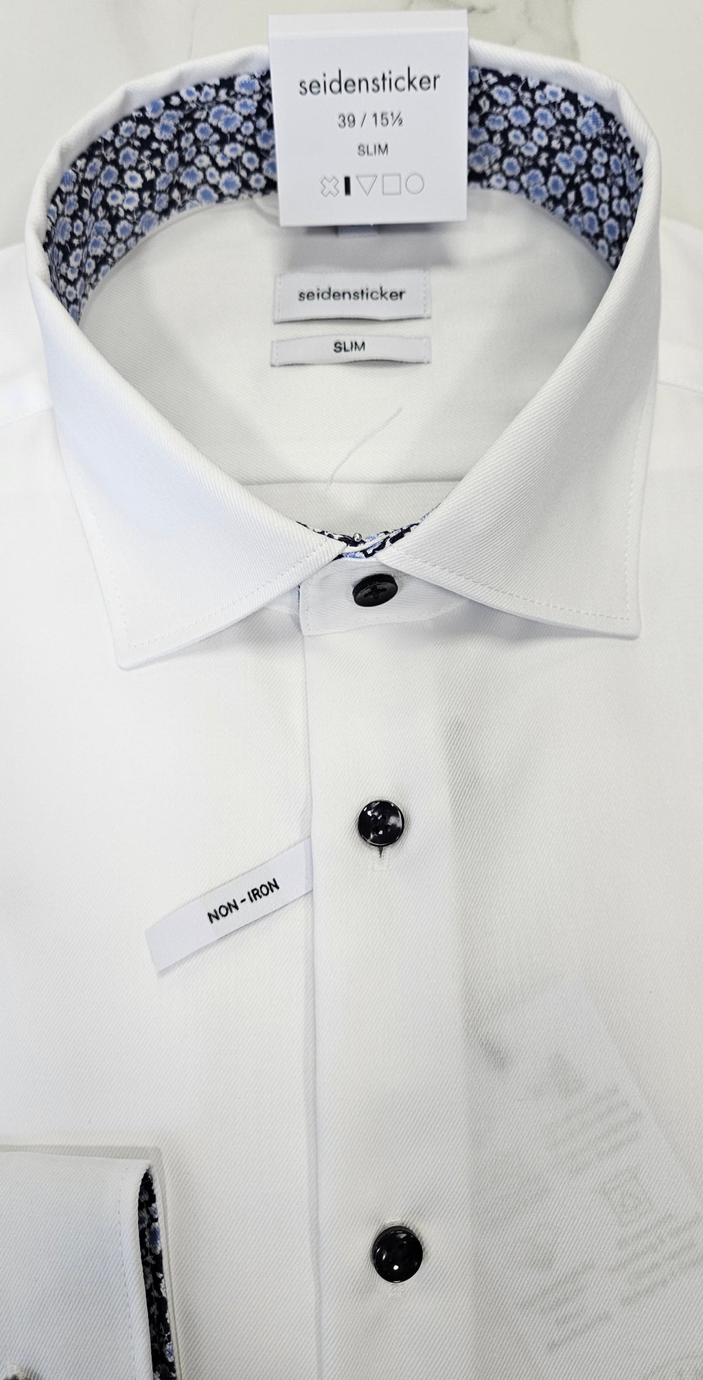 SEIDENSTICKER FLOWER TRIM COLLAR/CUFF SLIM FIT L/S  SHIRT - WHITE