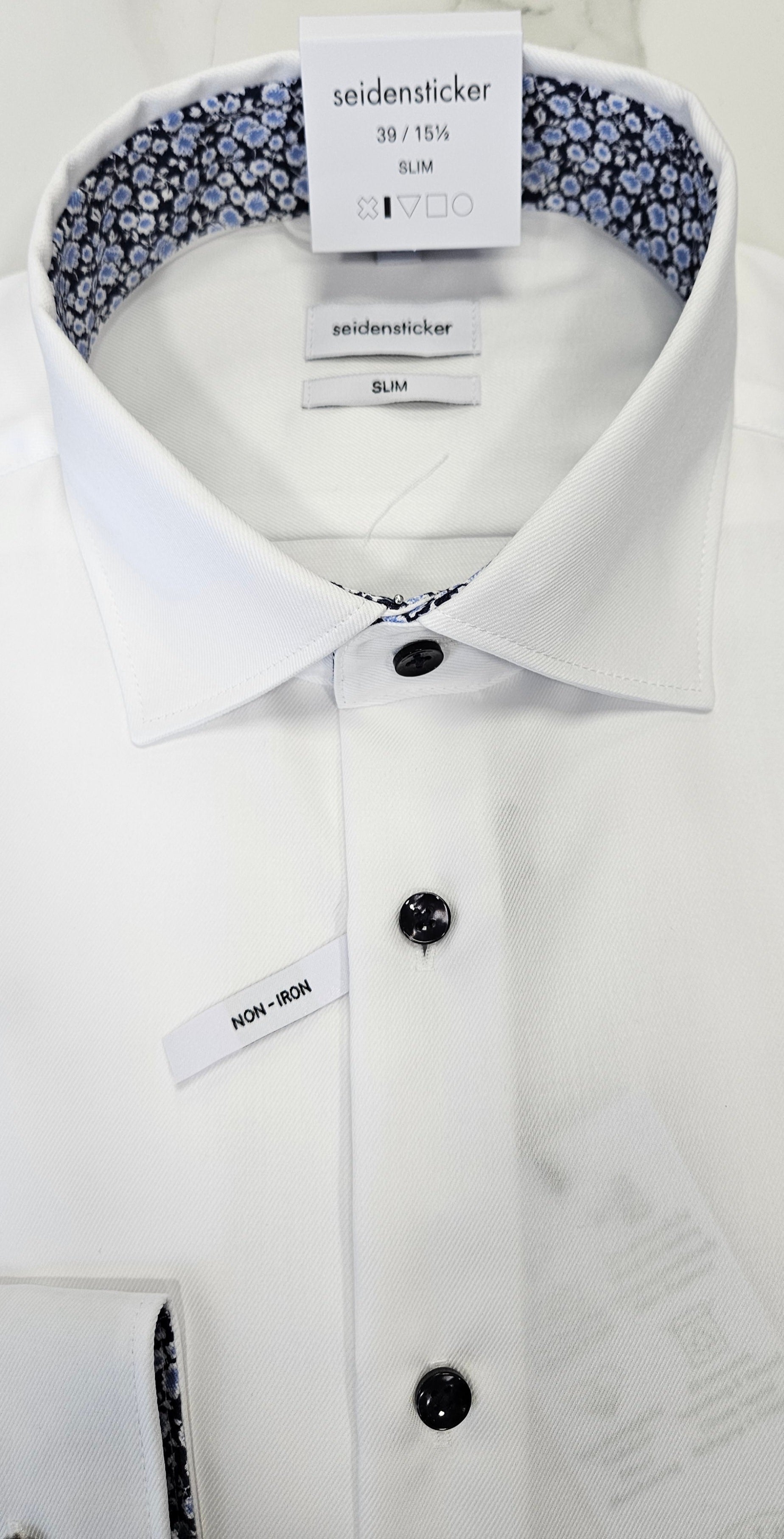 SEIDENSTICKER FLOWER TRIM COLLAR/CUFF SLIM FIT L/S  SHIRT - WHITE