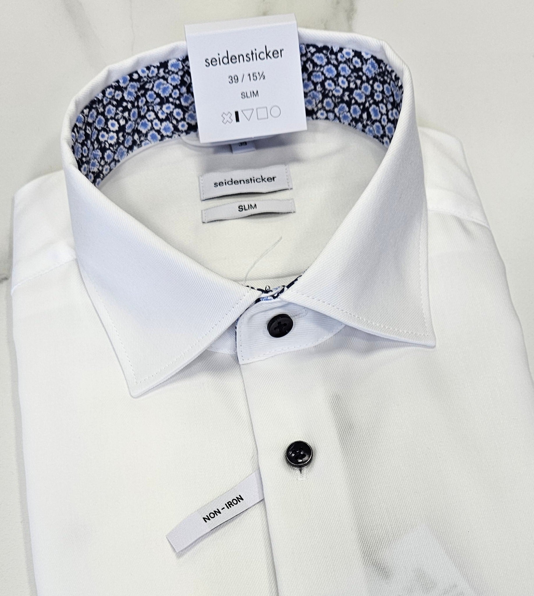 SEIDENSTICKER FLOWER TRIM COLLAR/CUFF SLIM FIT L/S  SHIRT - WHITE