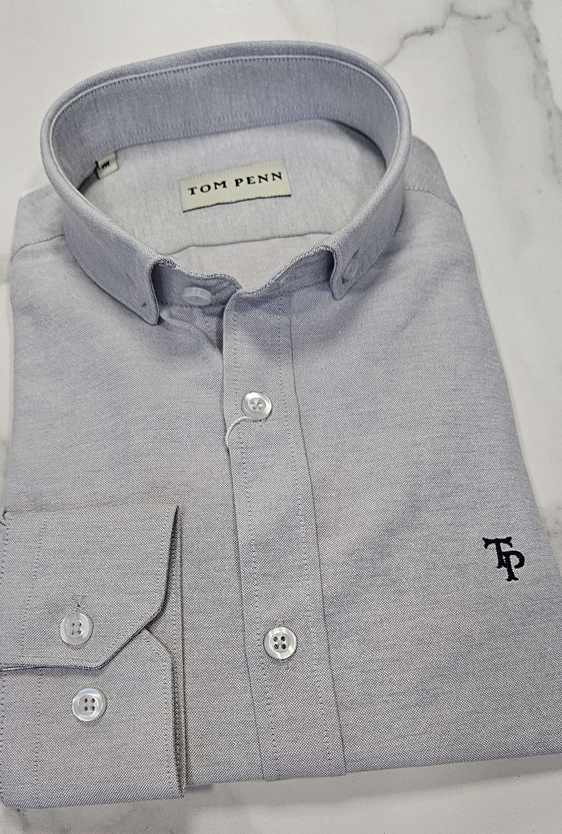 TOM PENN SLIM OXFORD L/S SHIRT - SILVER GREY