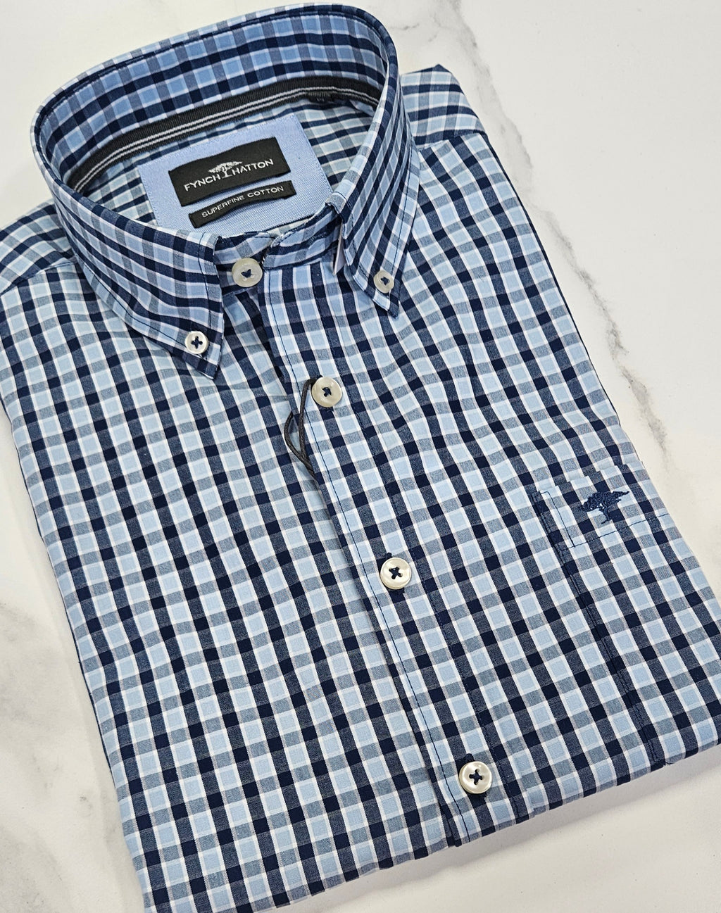 FYNCH HATTON CHECK L/S SHIRT  - BLUE/NAVY