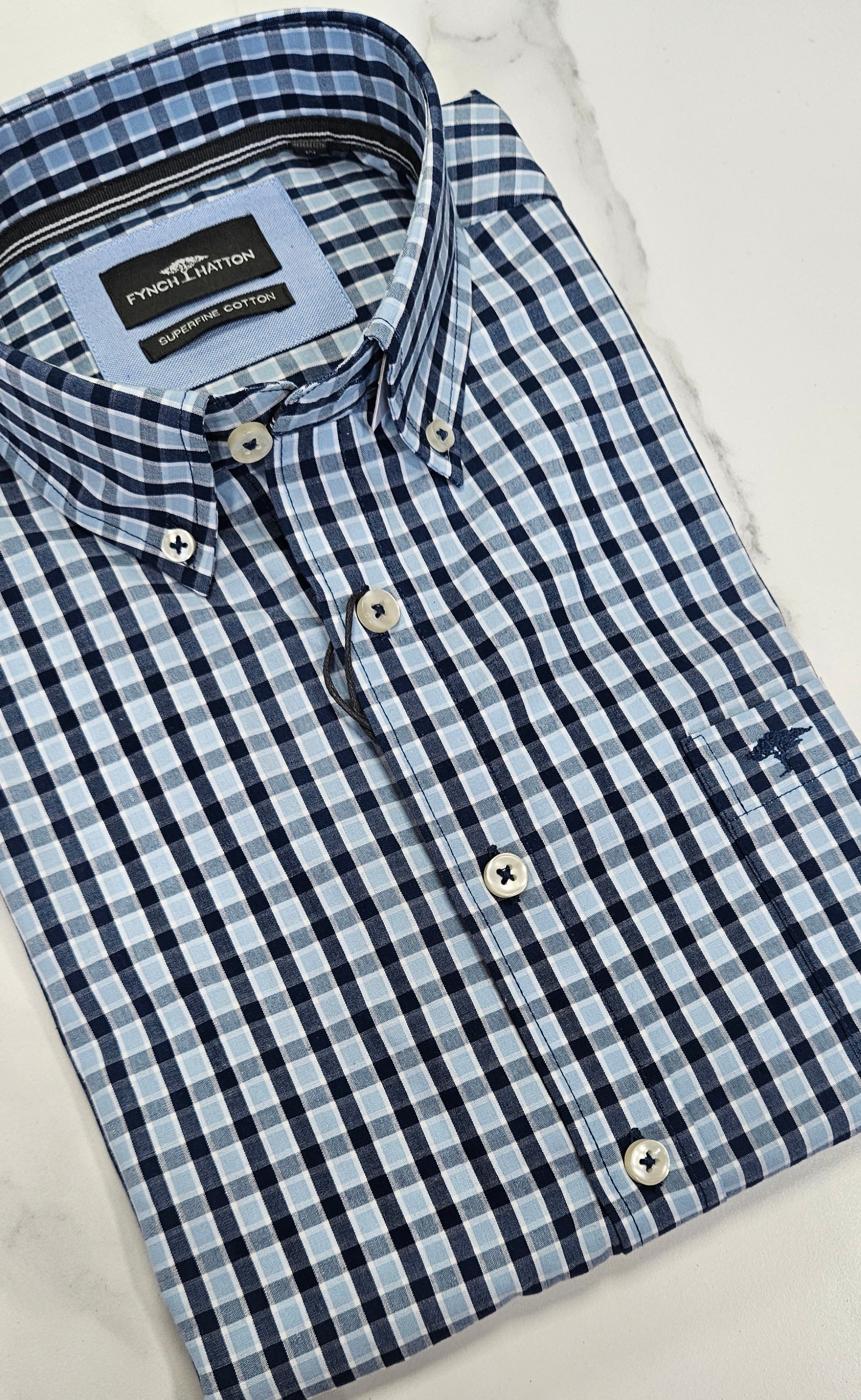 FYNCH HATTON CHECK L/S SHIRT  - BLUE/NAVY