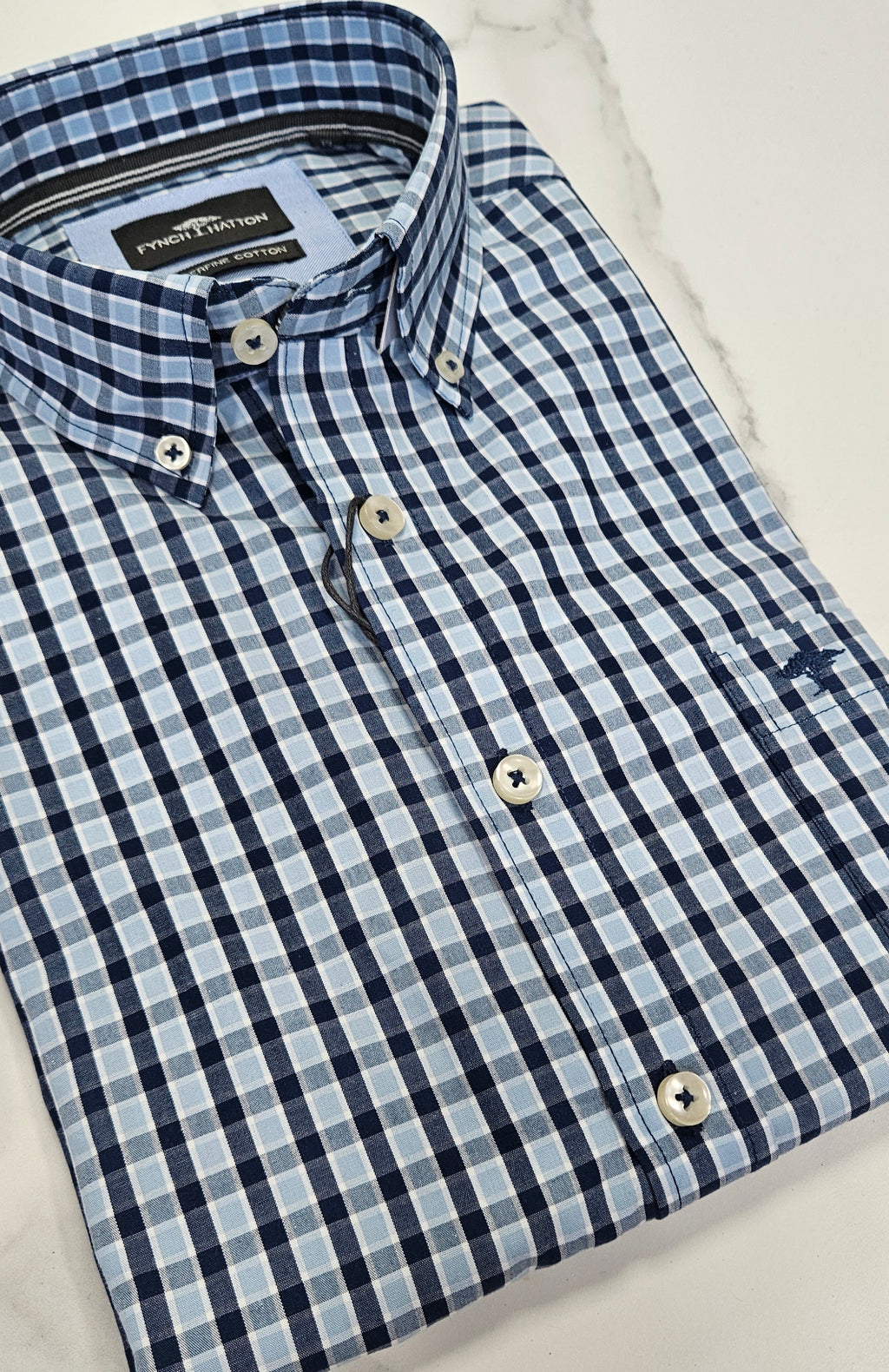 FYNCH HATTON CHECK L/S SHIRT  - BLUE/NAVY