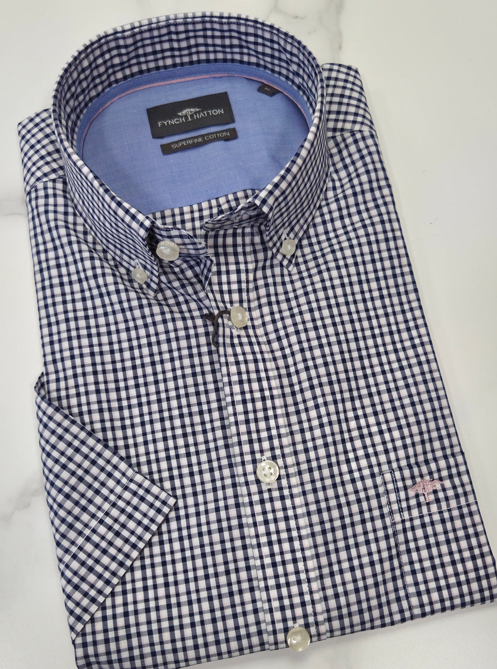 FYNCH HATTON COMBI CHECK S/S - NAVY/PINK