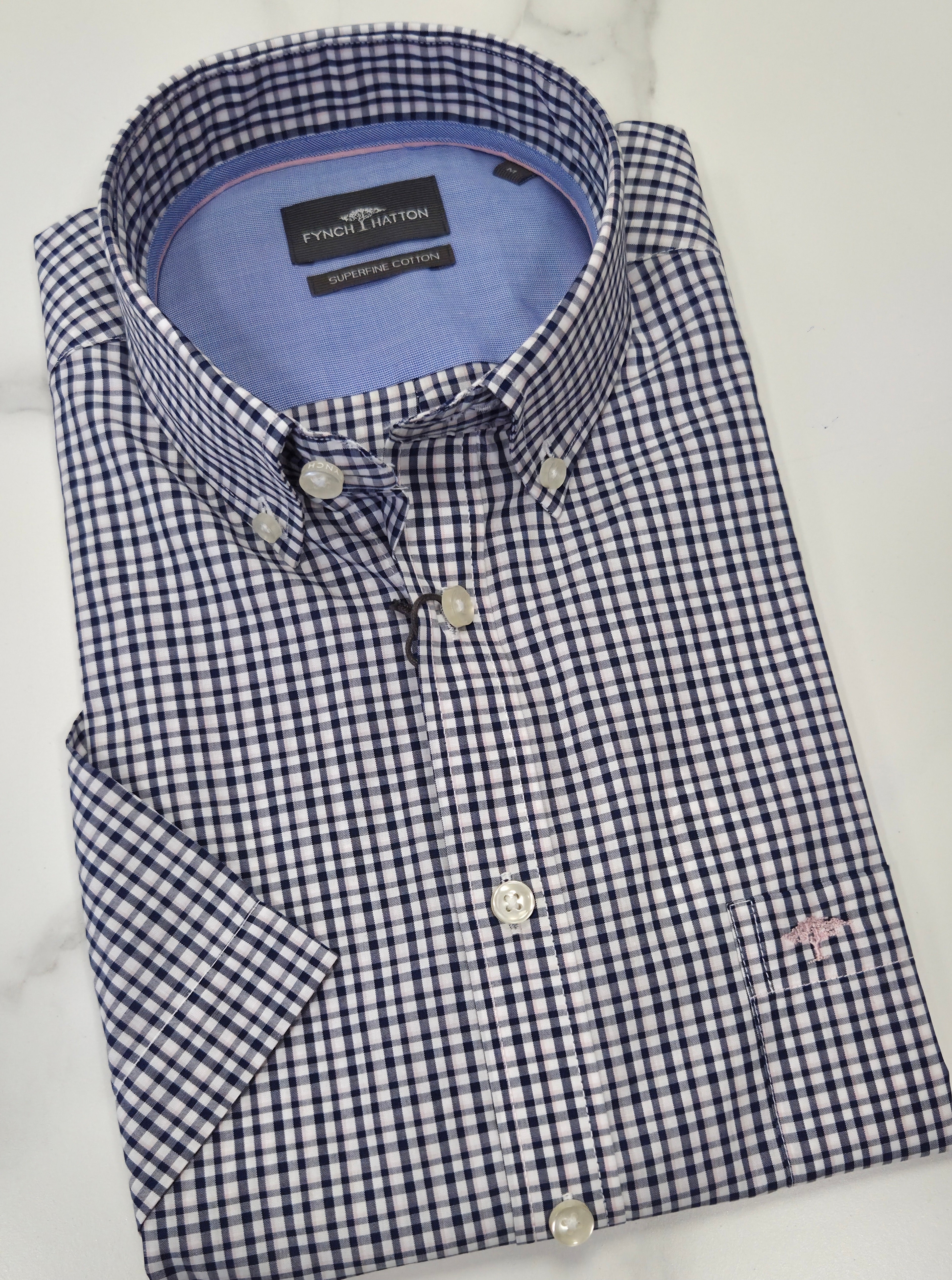 FYNCH HATTON COMBI CHECK S/S - NAVY/PINK