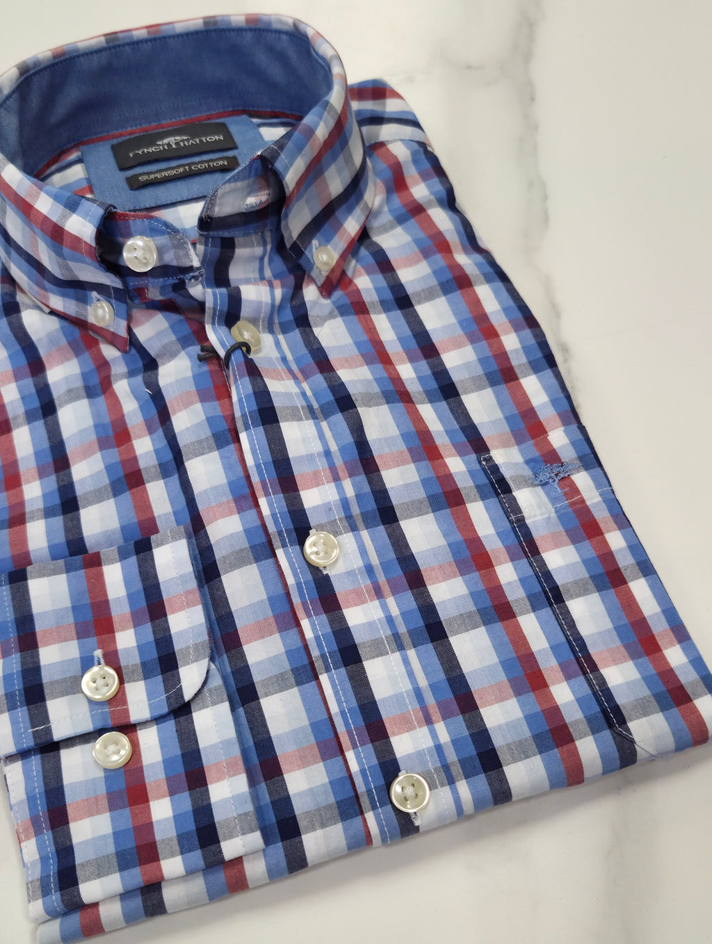 FYNCH HATTON COMBI CHECK L/S SHIRT - BLUE/RED/WHITE