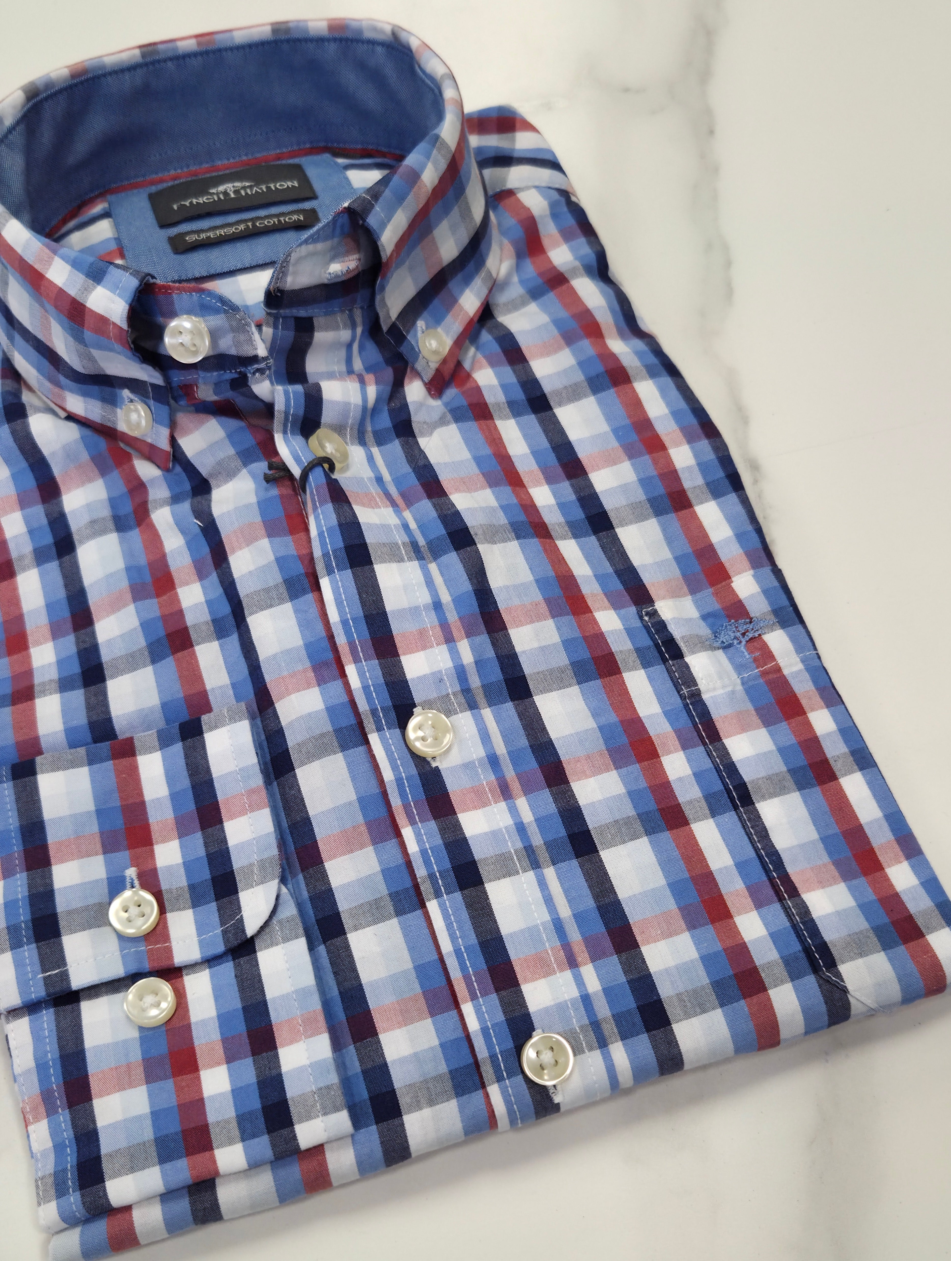 FYNCH HATTON COMBI CHECK L/S SHIRT - BLUE/RED/WHITE