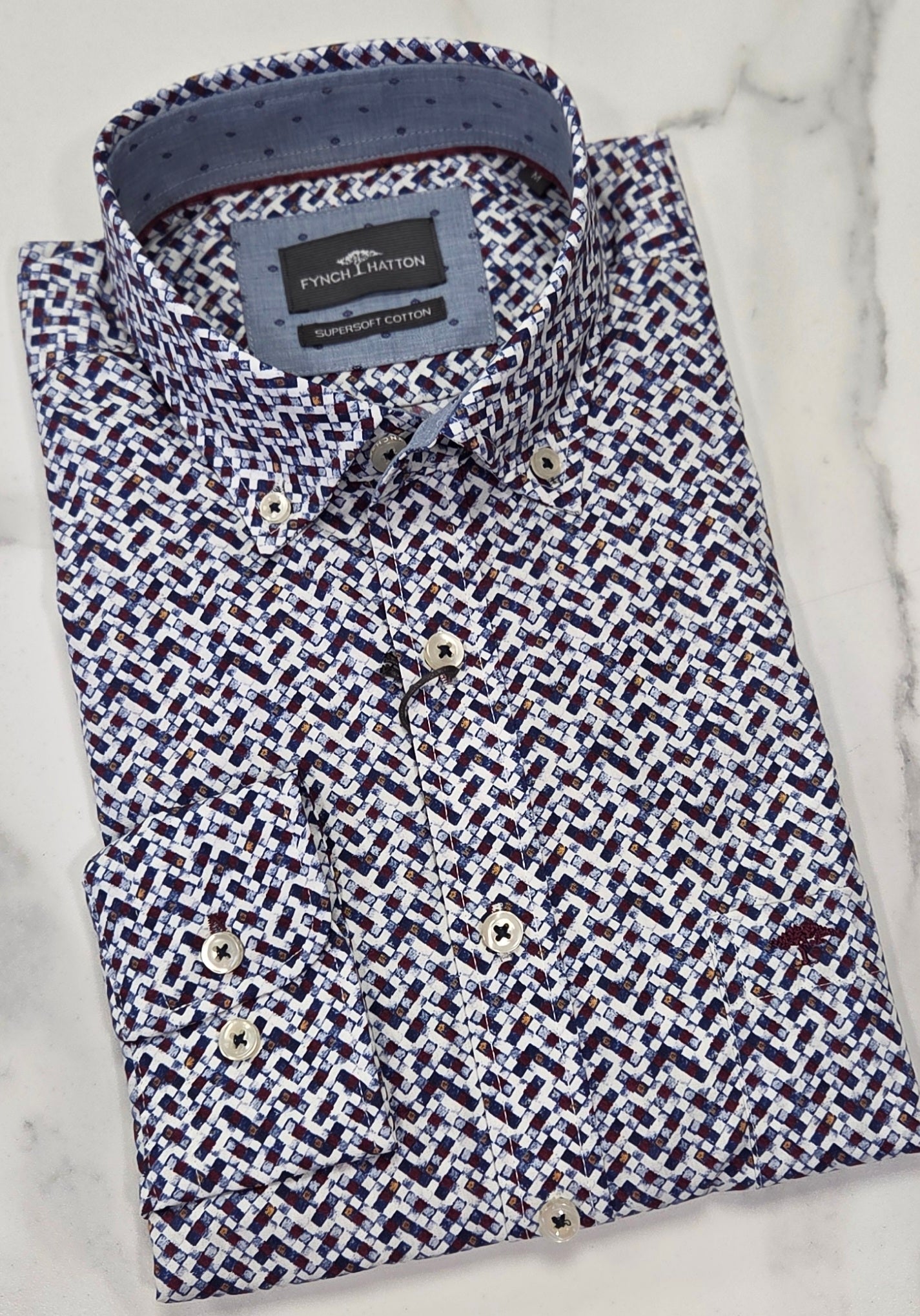 FYNCH HATTON PATTERN L/S SHIRT  - WHITE/WINE