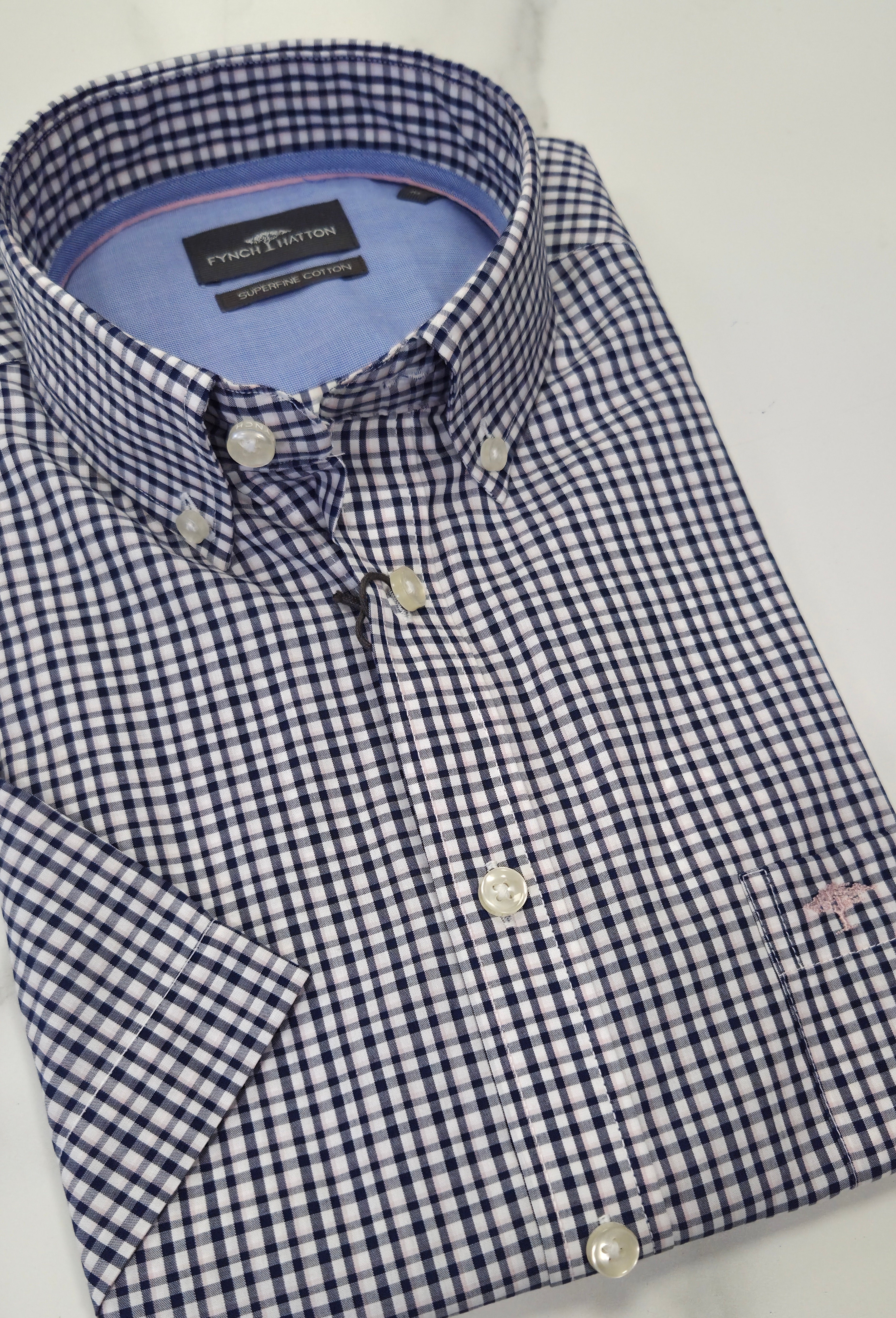 FYNCH HATTON COMBI CHECK S/S - NAVY/PINK