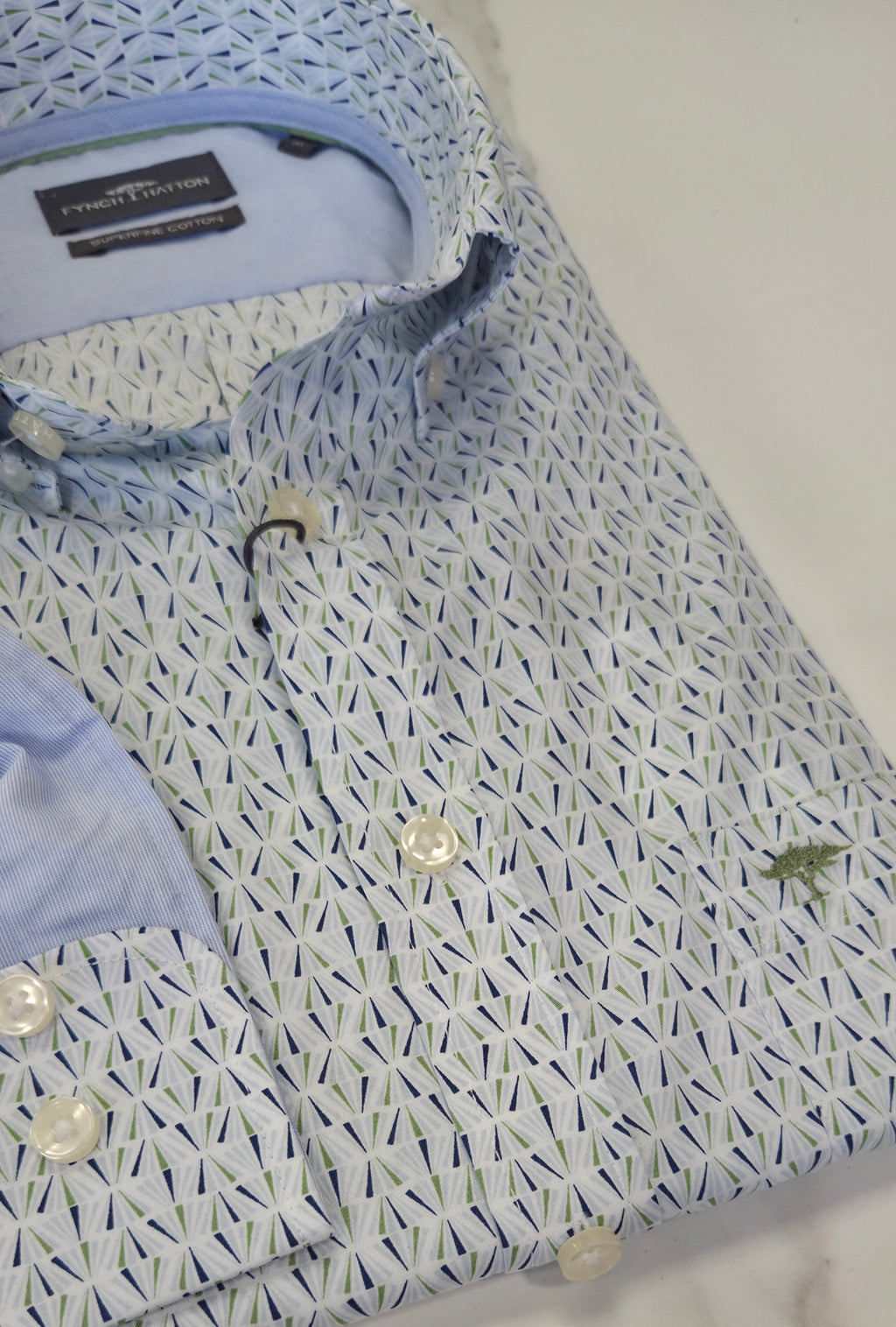 FYNCH HATTON PRINTED L/S SHIRT  - BLUE/GREEN