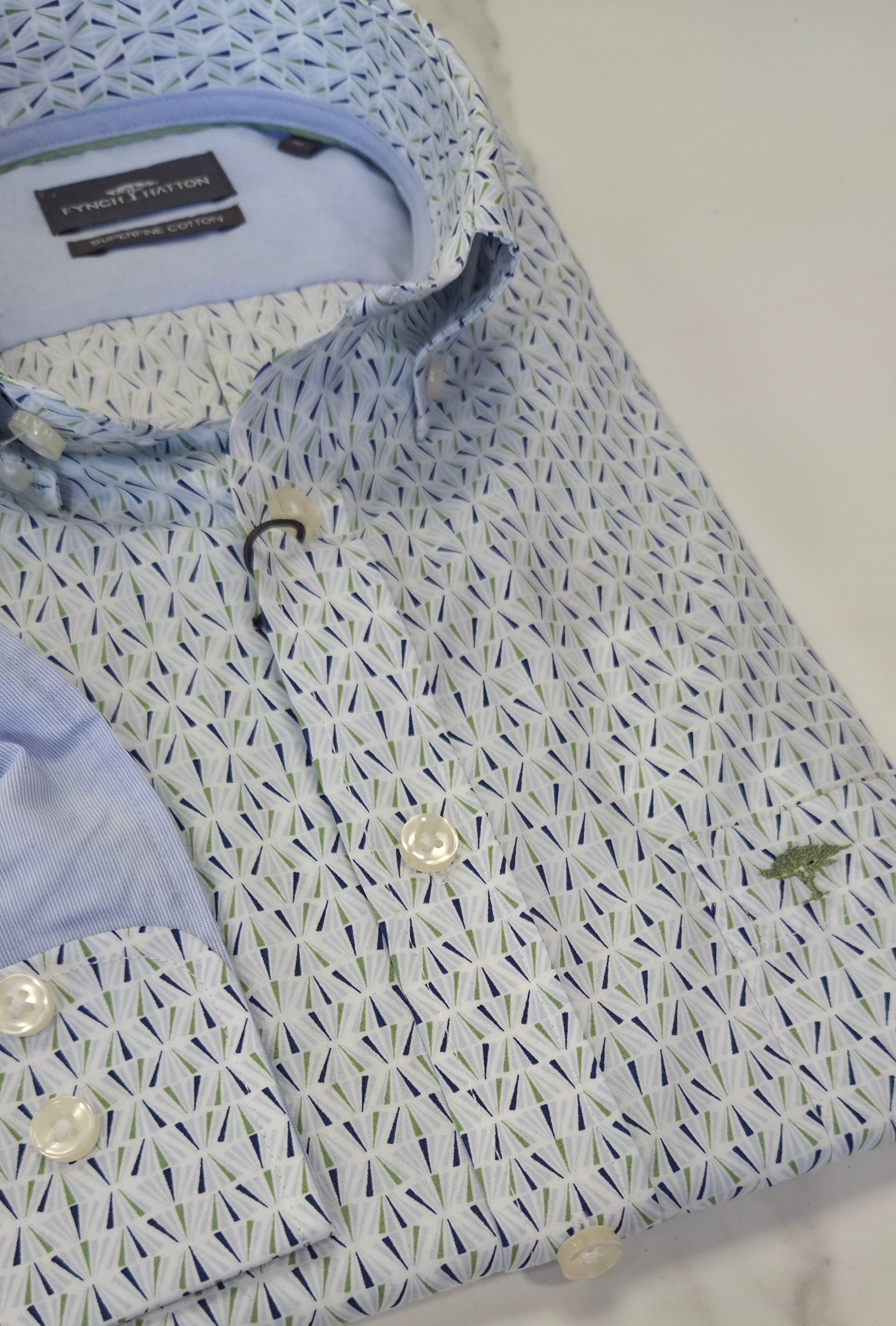 FYNCH HATTON PRINTED L/S SHIRT  - BLUE/GREEN