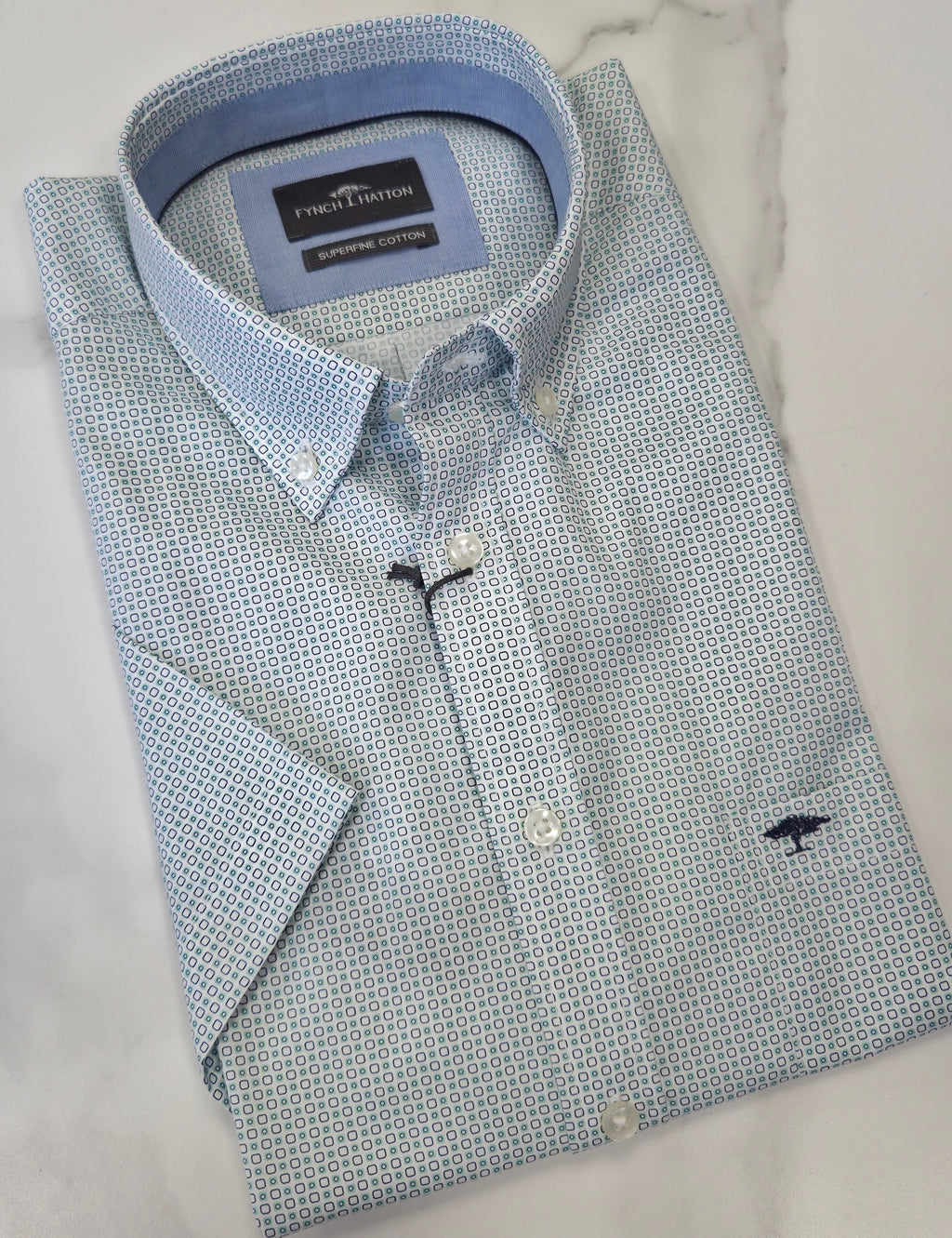 FYNCH HATTON SQUARE PATTERN PRINT S/S SHIRT  - GREEN