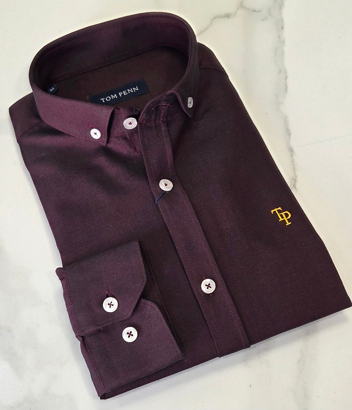 TOM PENN SLIM OXFORD COTTON L/S SHIRT - BURGUNDY