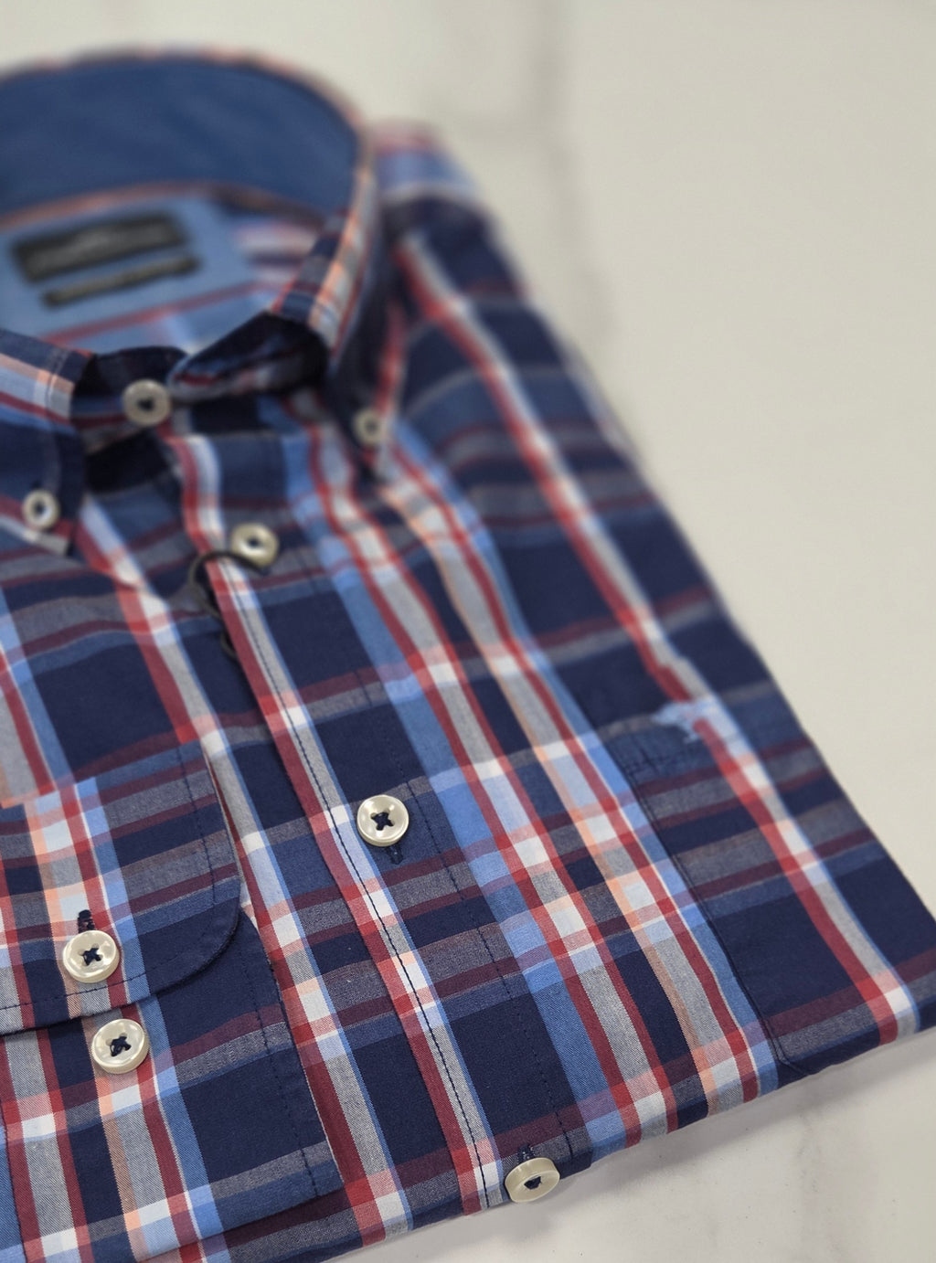 FYNCH HATTON COMBI CHECK L/S SHIRT- NAVY/RED