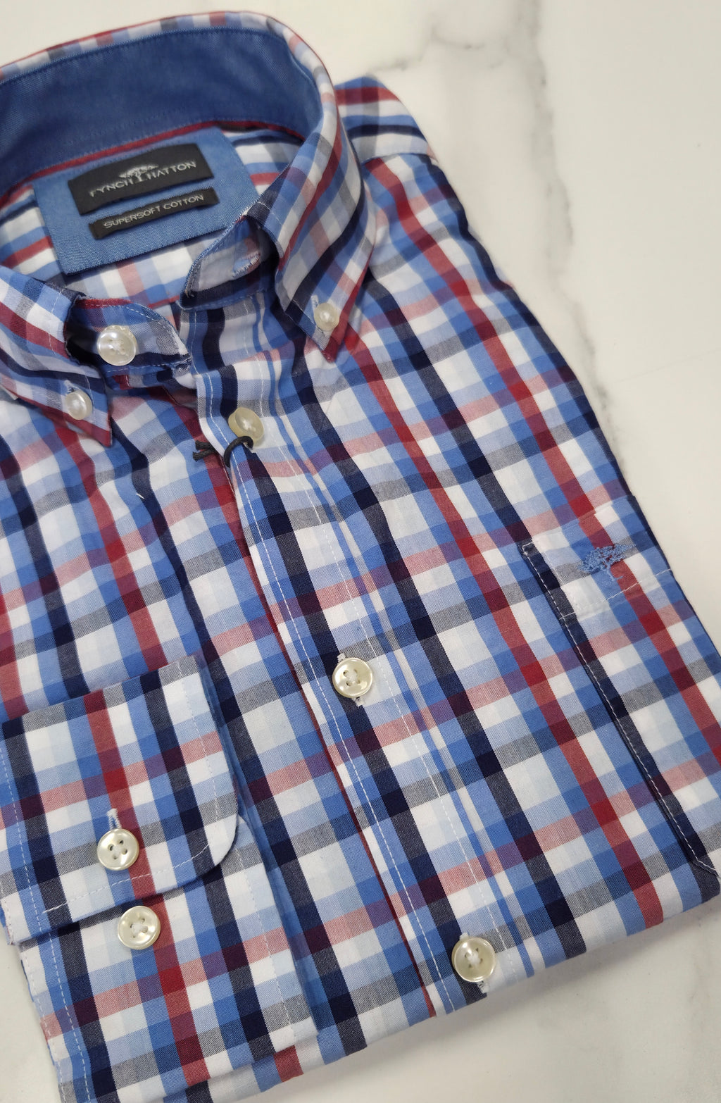 FYNCH HATTON COMBI CHECK L/S SHIRT - BLUE/RED/WHITE