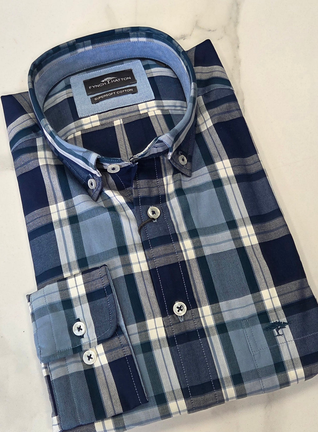FYNCH HATTON TWILL CHECK L/S SHIRT - TEAL