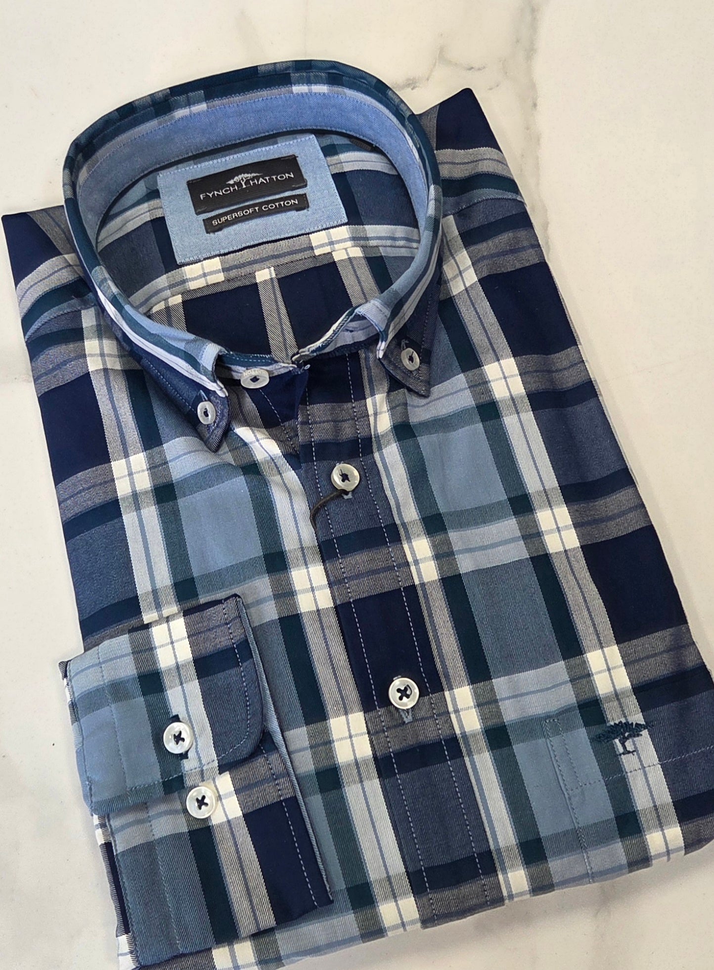 FYNCH HATTON TWILL CHECK L/S SHIRT - TEAL