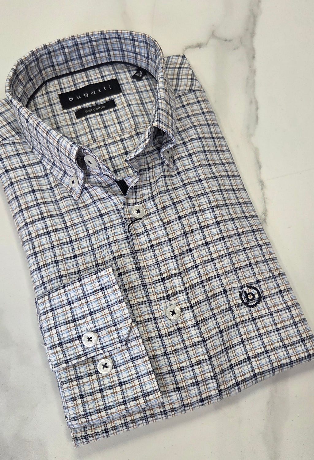 BUGATTI L/S SHIRT - BLUE/BEIGE/NAVY
