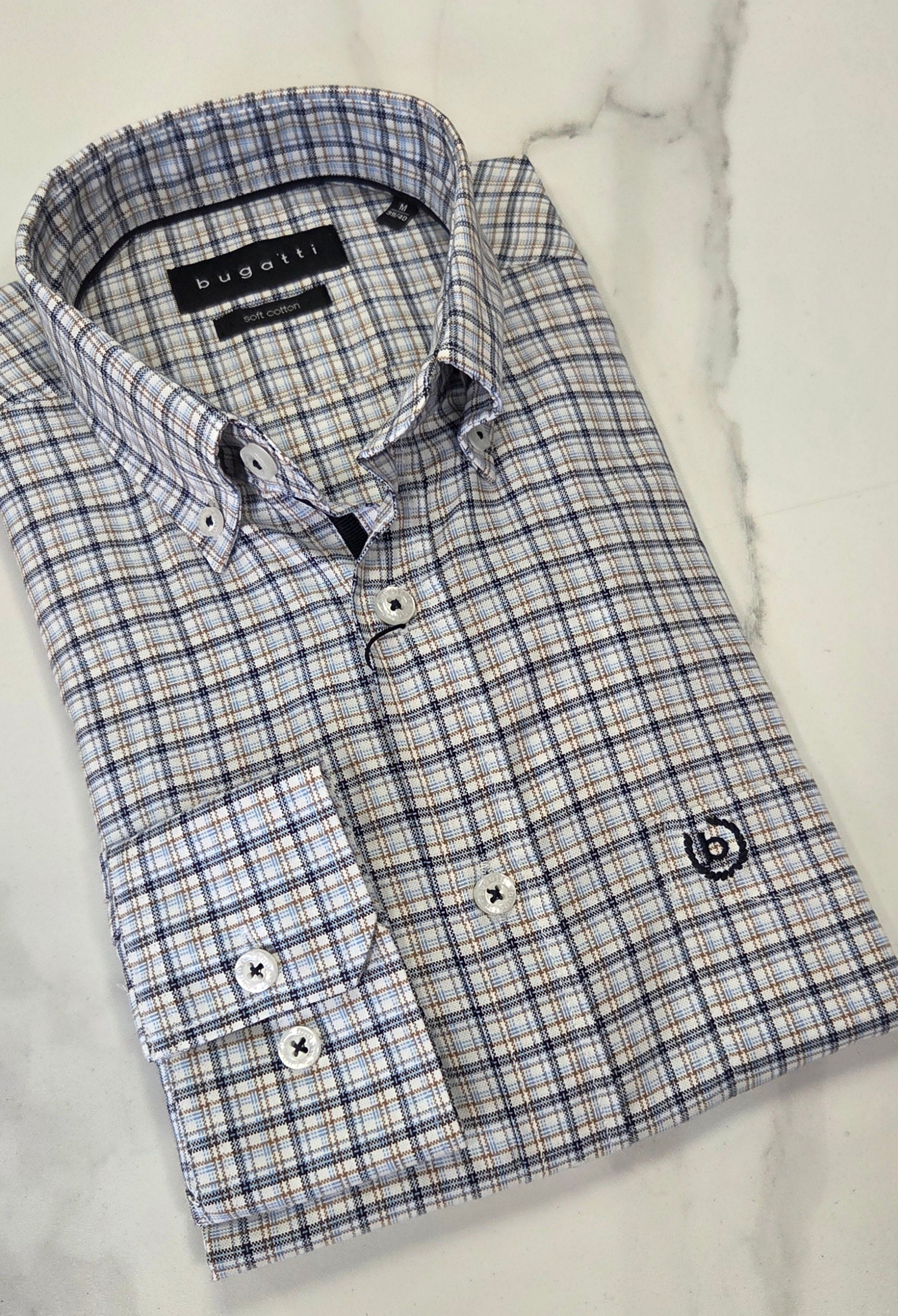 BUGATTI L/S SHIRT - BLUE/BEIGE/NAVY