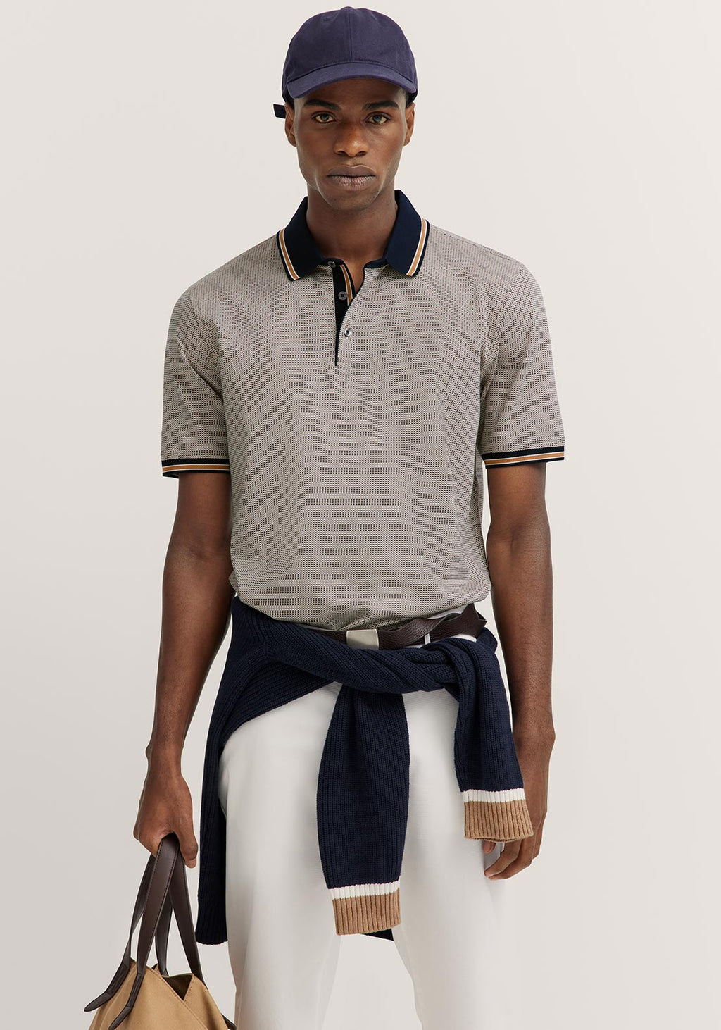 BUGATTI MERCERIZED COTTON POLO SHIRT - NAVY/BEIGE