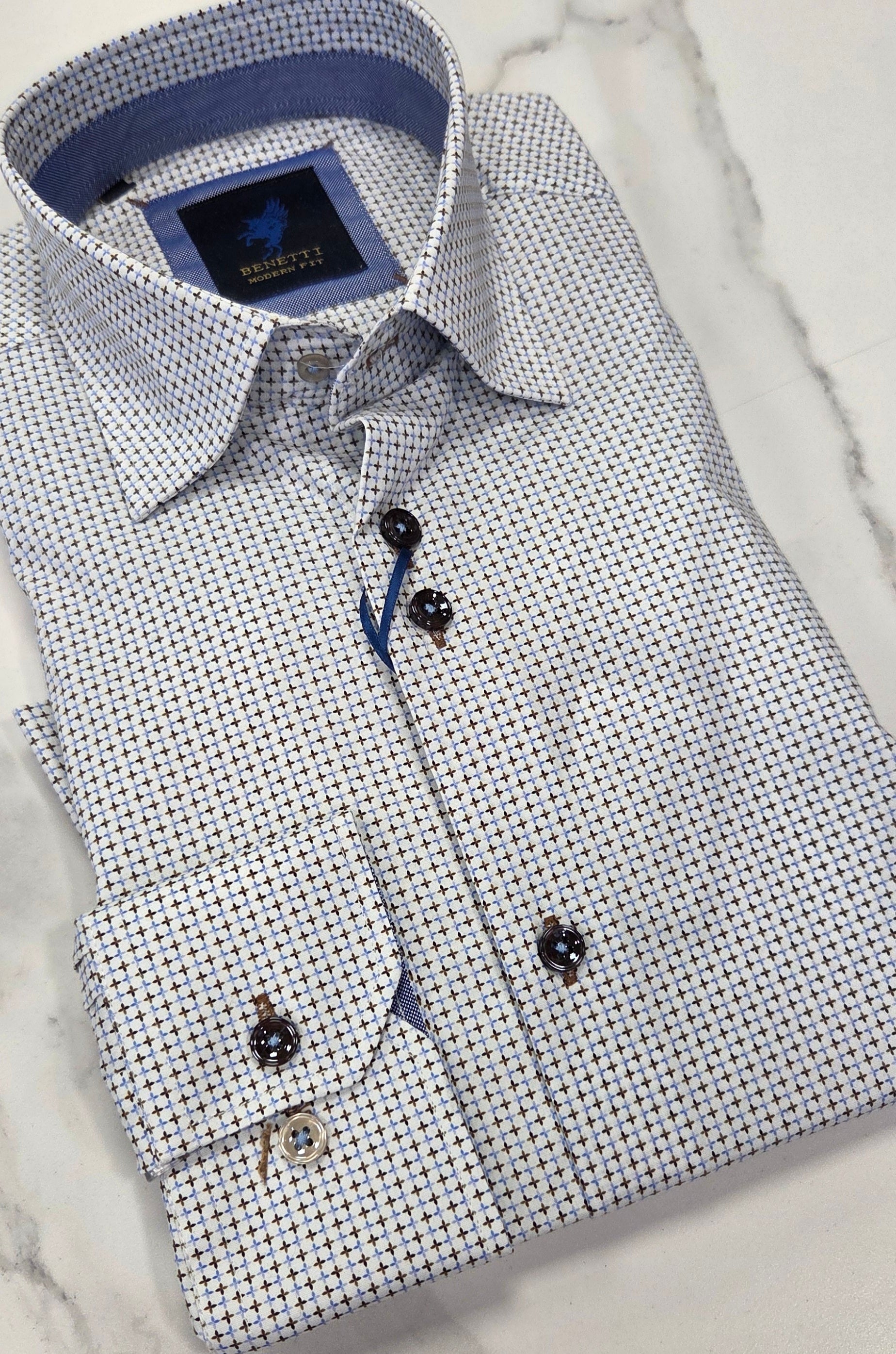 BENETTI KEVIN PATTERN L/S SHIRT - COFFEE/BLUE