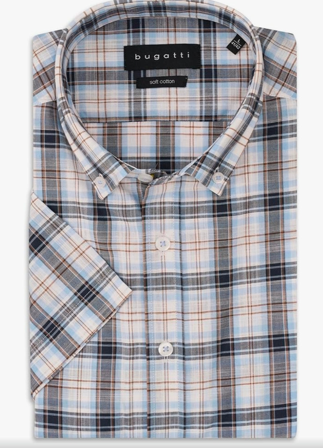 BUGATTI CHECK S/S SHIRT - (18337E/320) - BLUE/BEIGE