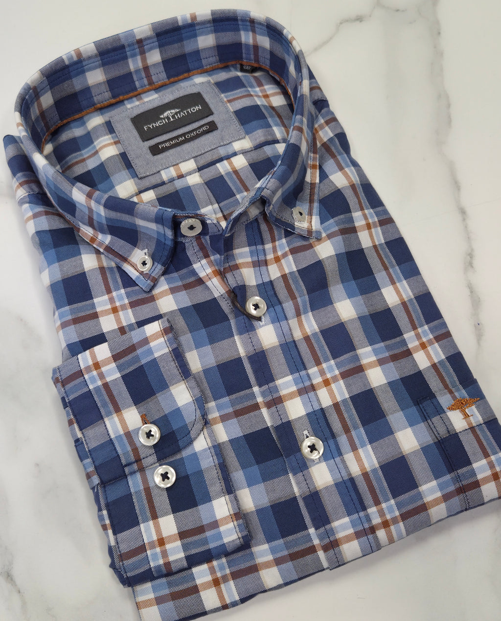 FYNCH HATTO CHECK OXFORD L/S SHIRT  - BLUE/BISCUIT