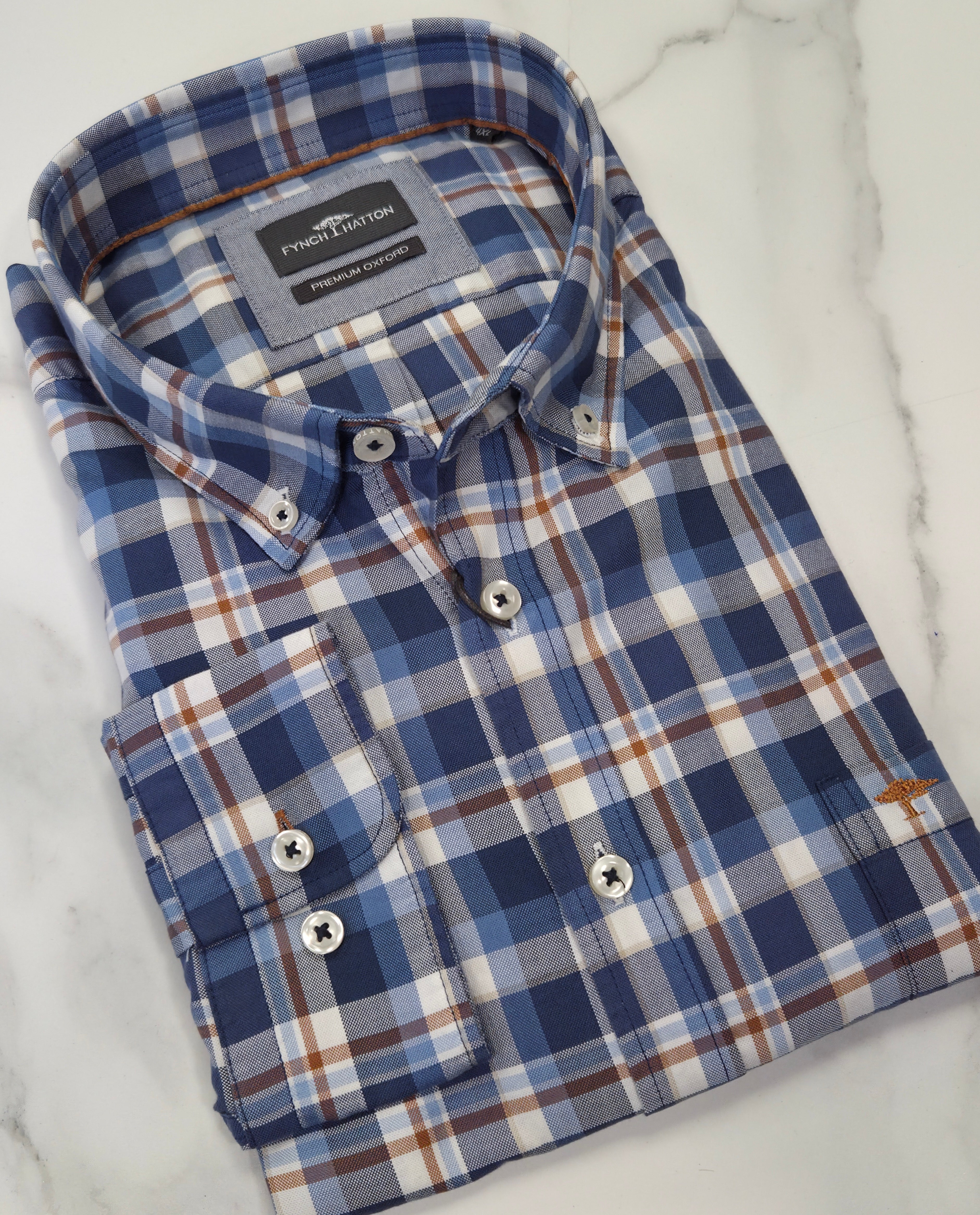 FYNCH HATTO CHECK OXFORD L/S SHIRT  - BLUE/BISCUIT