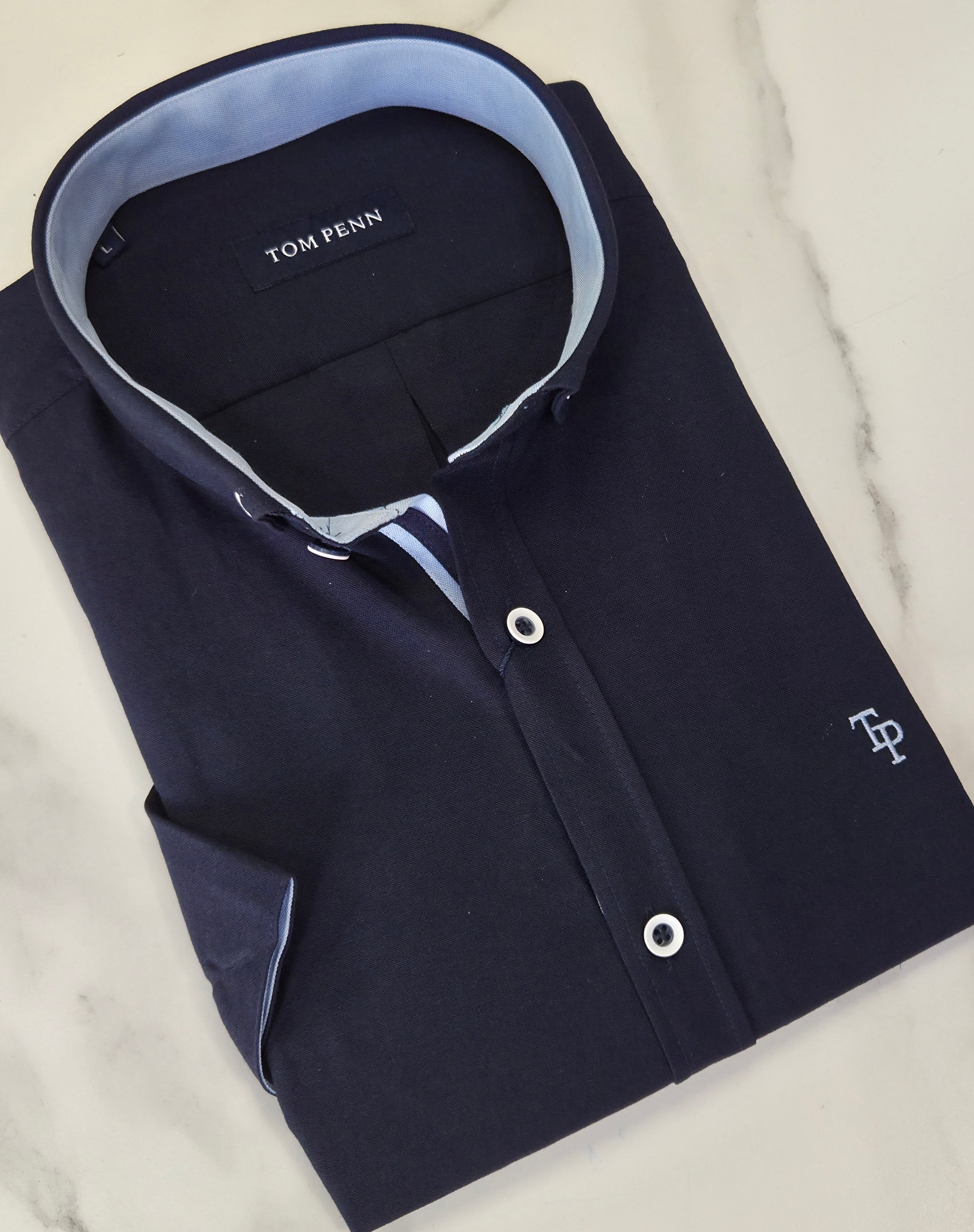 TOM PENN OXFORD COTTON S/S SHIRT - NAVY