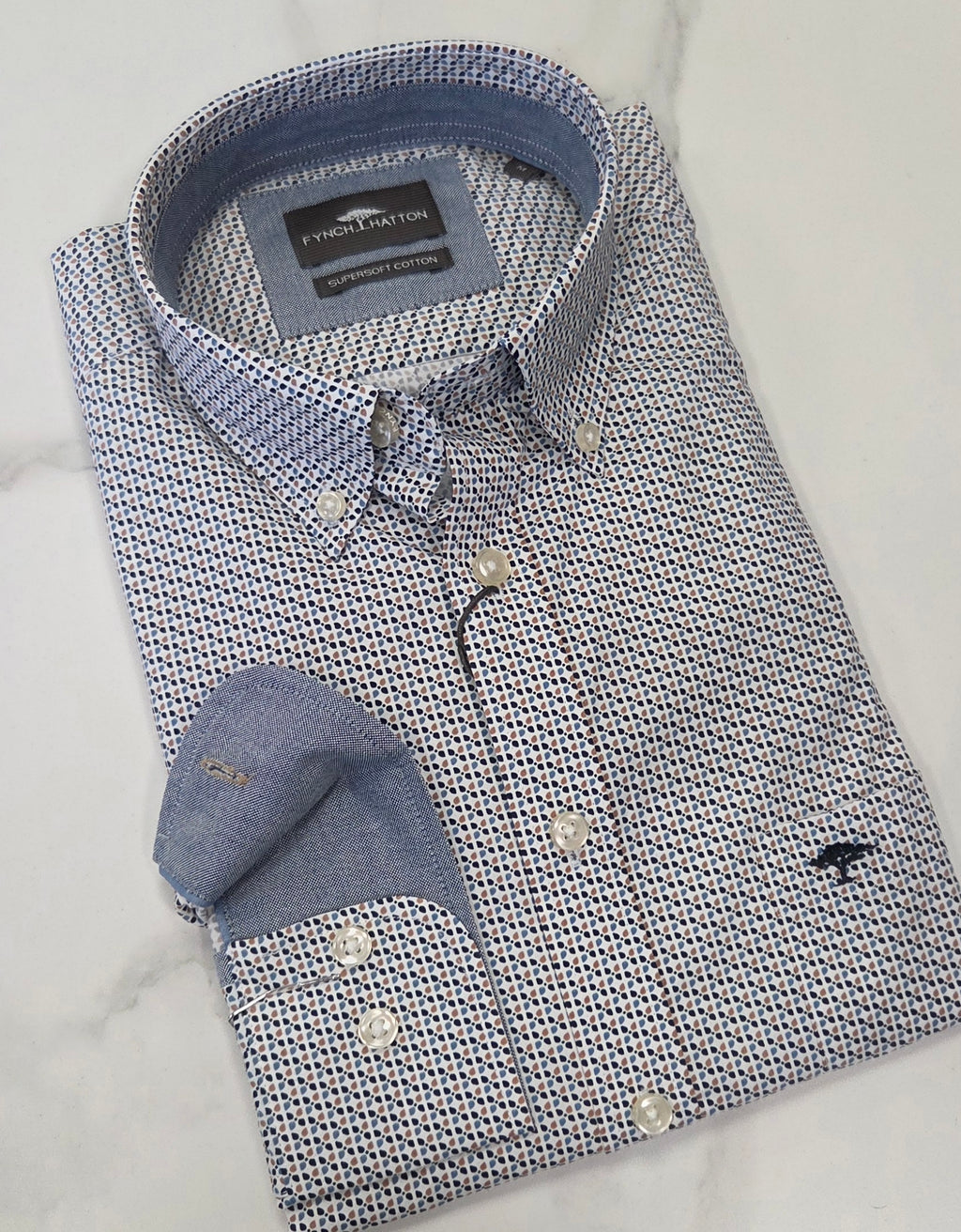 FYNCH HATTON PATTERN L/S SHIRT (16085370/864)- BLUE/BEIGE
