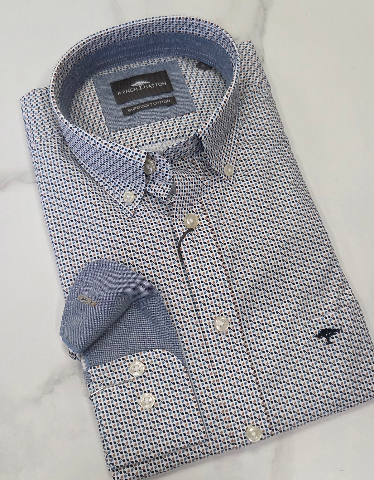 FYNCH HATTON PATTERN L/S SHIRT (16085370/864)- BLUE/BEIGE