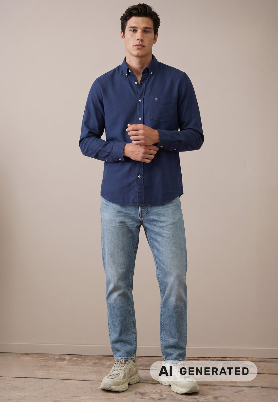 FYNCH HATTON OXFORD COTTON L/S  SHIRT - NAVY