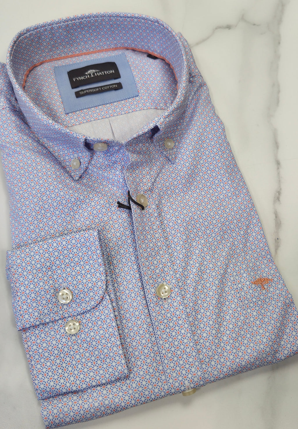 FYNCH HATTON PATTERN PRINT L/S SHIRT - BLUE/ORANGE
