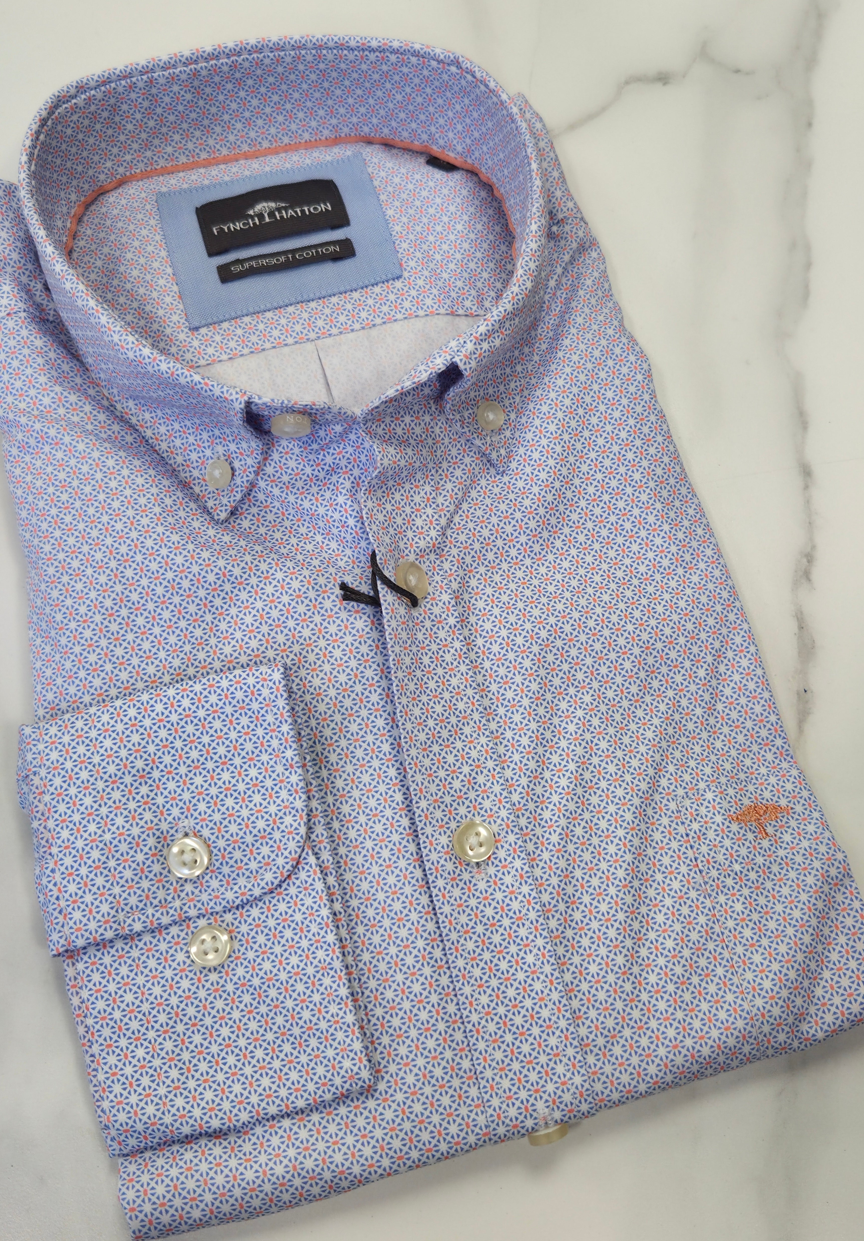 FYNCH HATTON PATTERN PRINT L/S SHIRT - BLUE/ORANGE