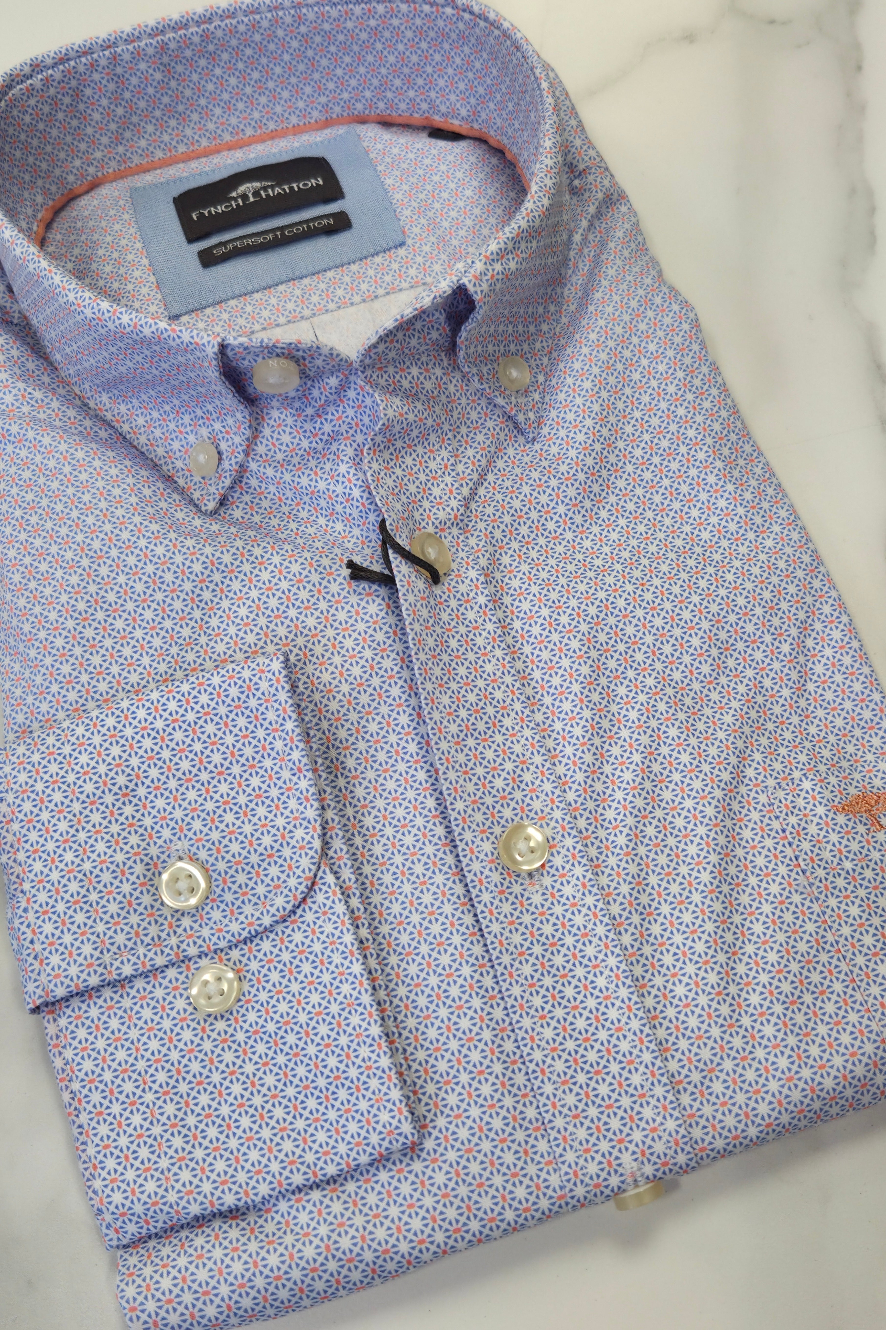 FYNCH HATTON PATTERN PRINT L/S SHIRT - BLUE/ORANGE