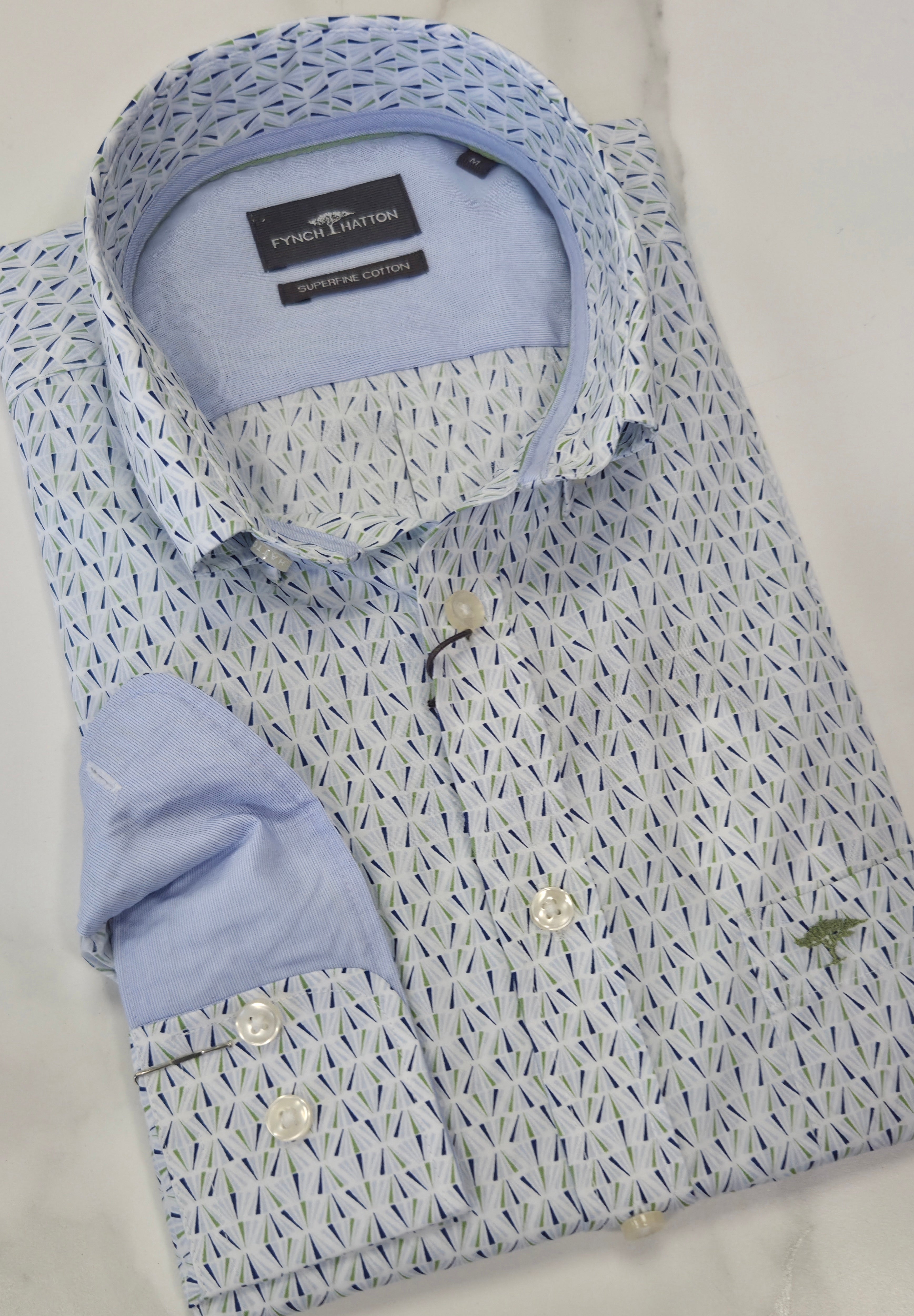 FYNCH HATTON PRINTED L/S SHIRT  - BLUE/GREEN