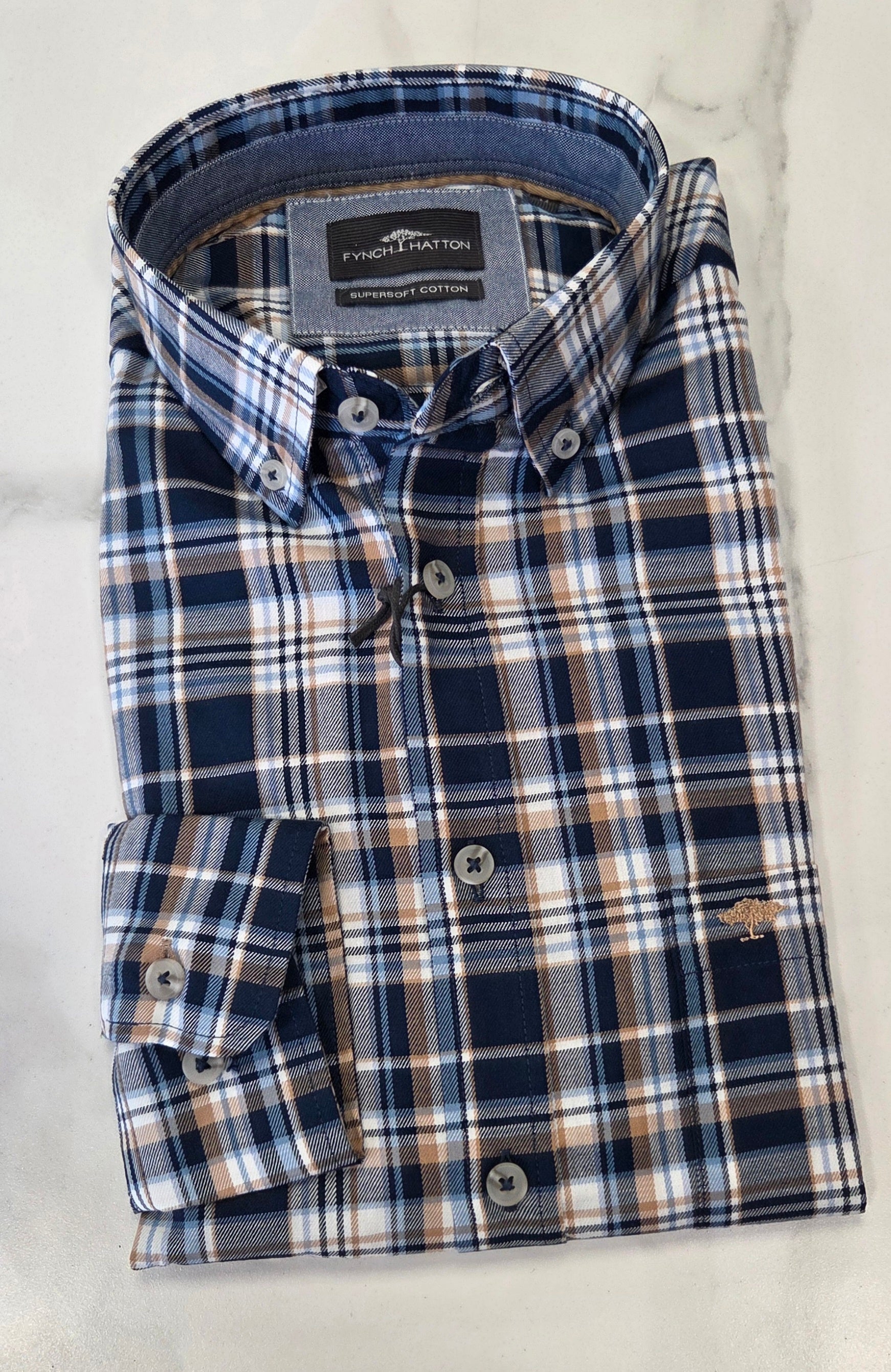 FYNCH HATTON CHECK L/S SHIRT  - NAVY