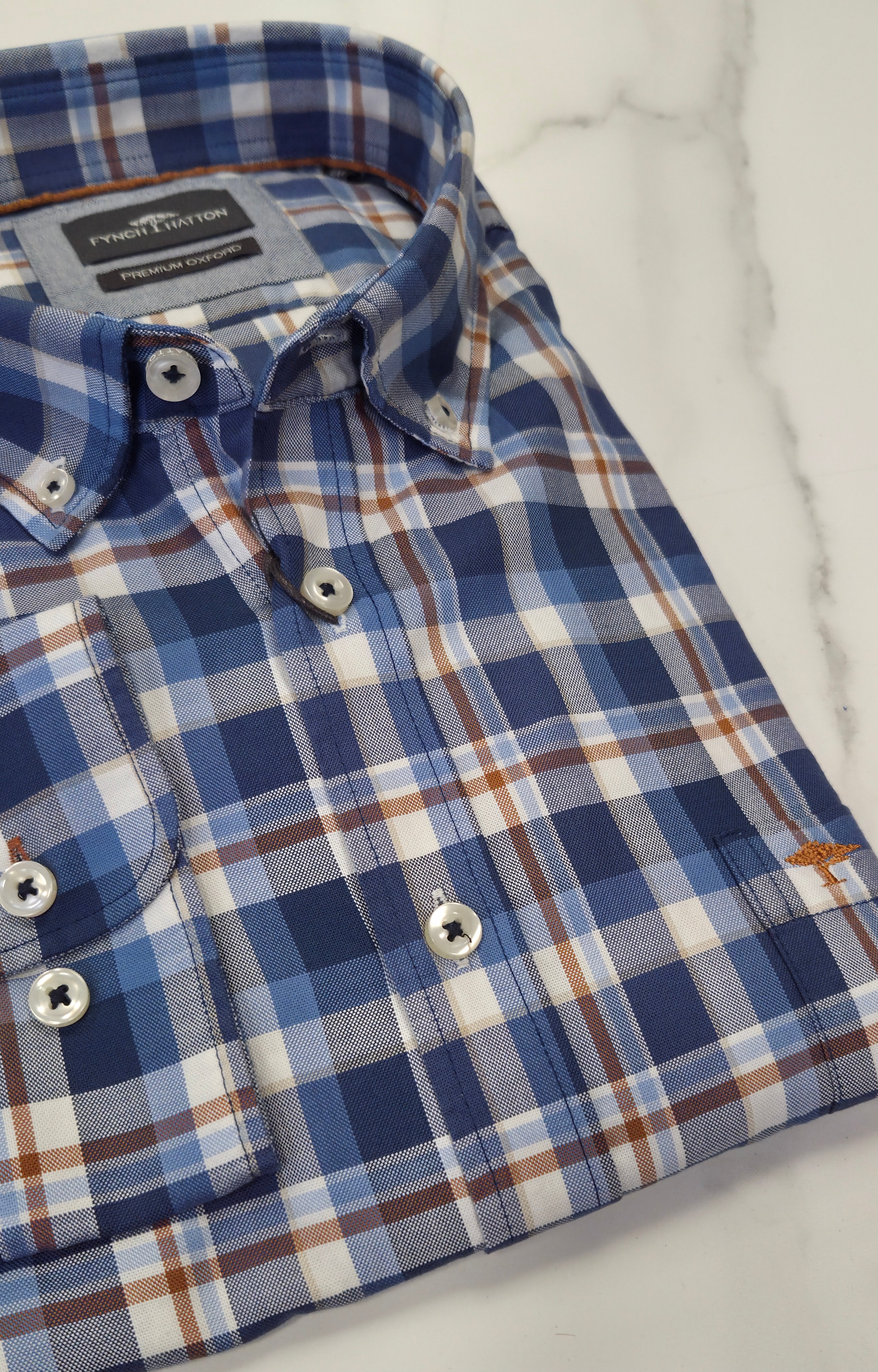 FYNCH HATTO CHECK OXFORD L/S SHIRT  - BLUE/BISCUIT