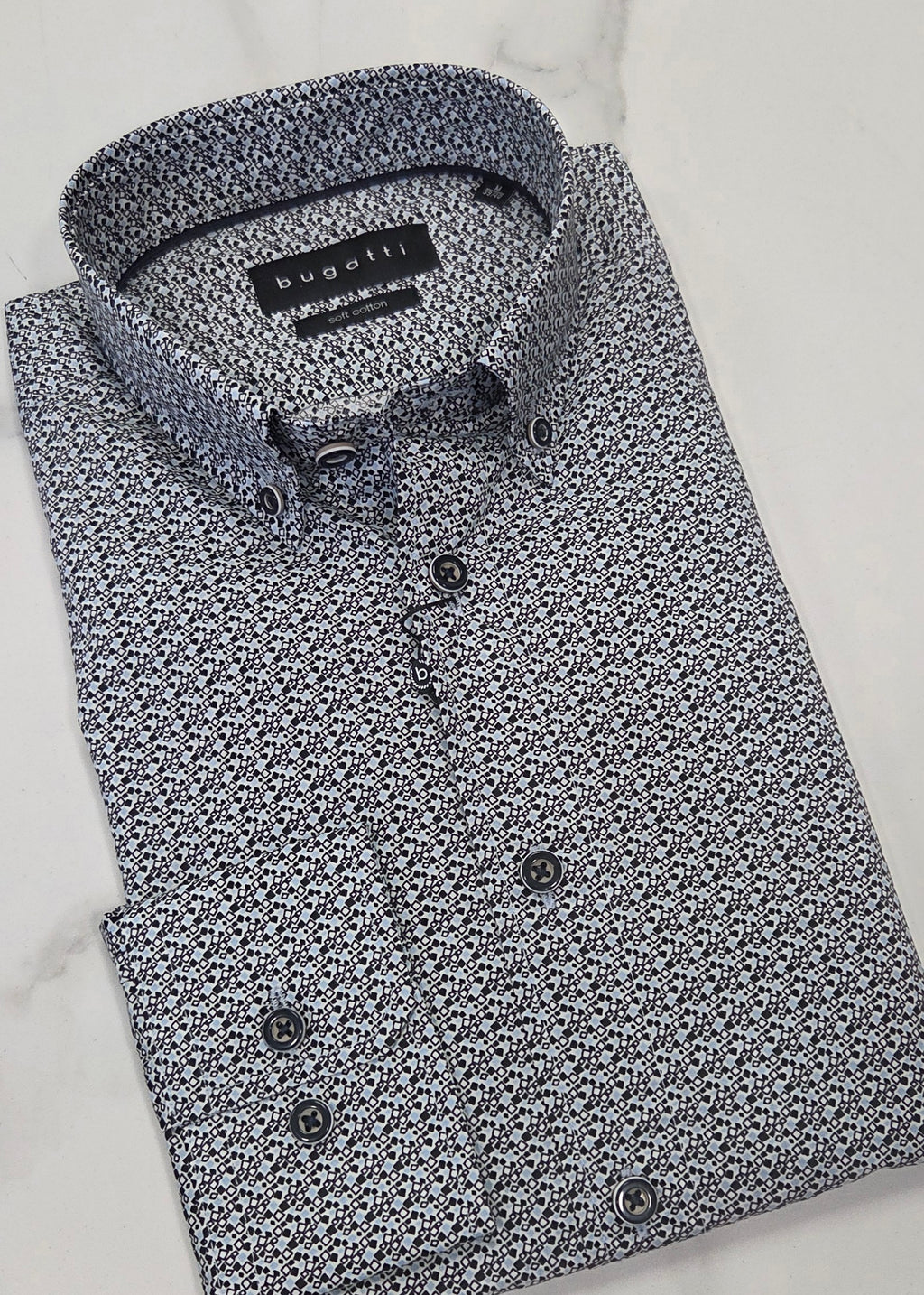 BUGATTI SQUARE PRINT PATTERN L/S SHIRT (28717F/390) - NAVY/BLUE