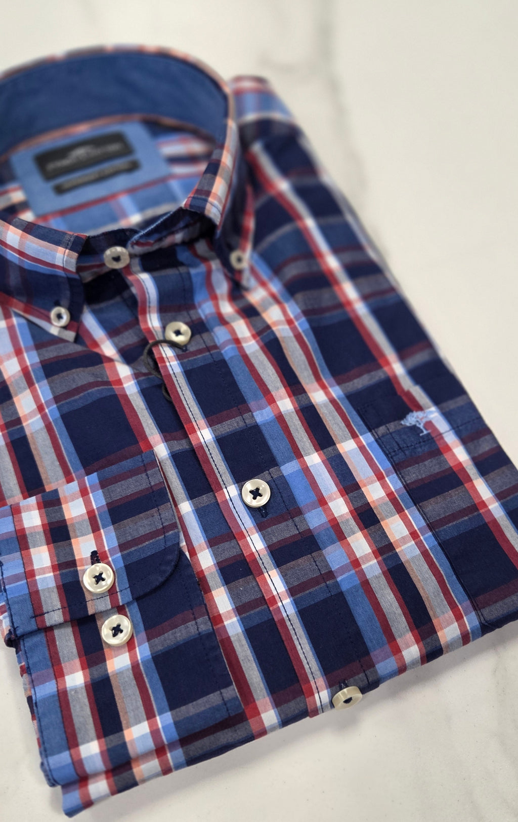 FYNCH HATTON COMBI CHECK L/S SHIRT- NAVY/RED