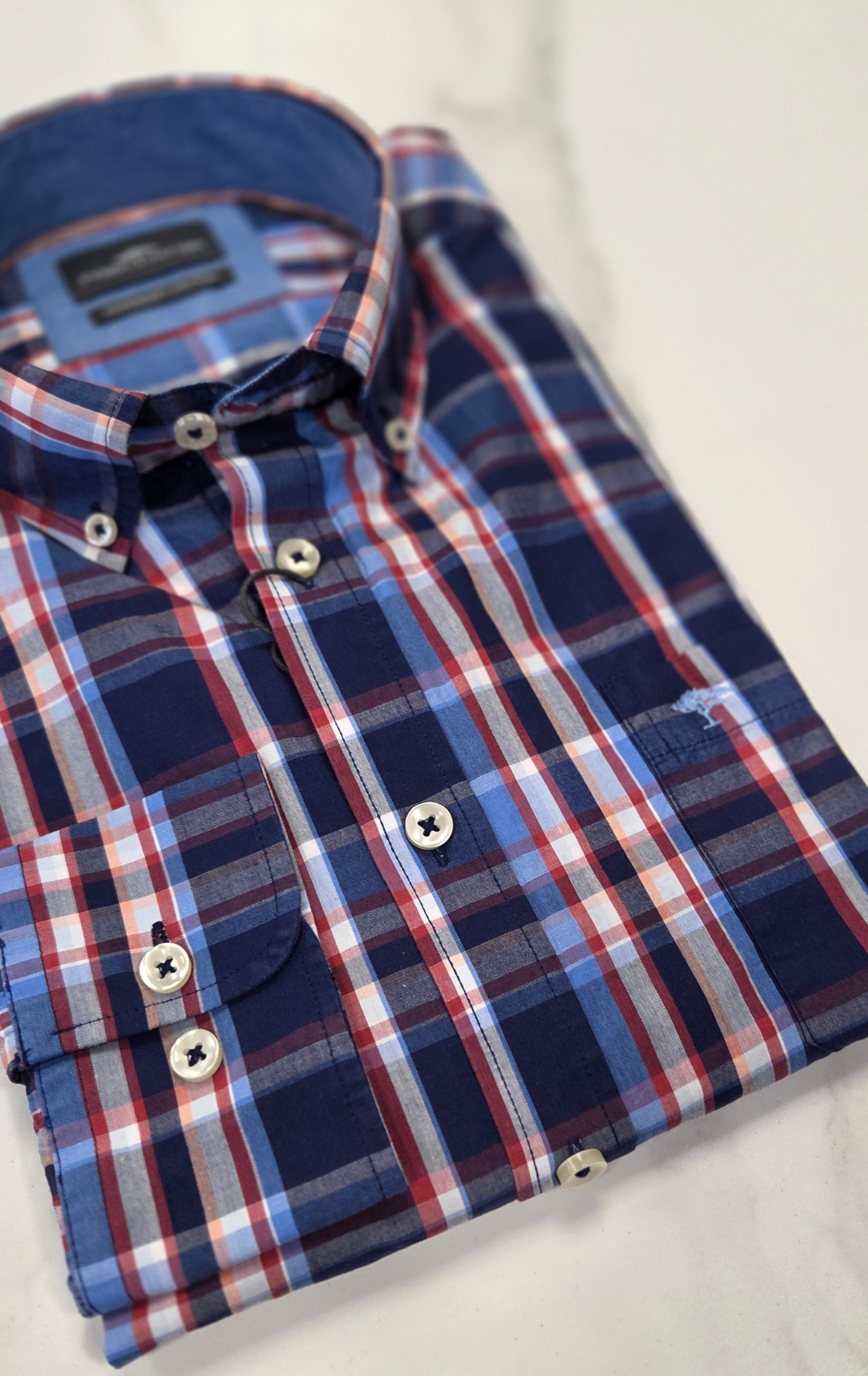 FYNCH HATTON COMBI CHECK L/S SHIRT- NAVY/RED