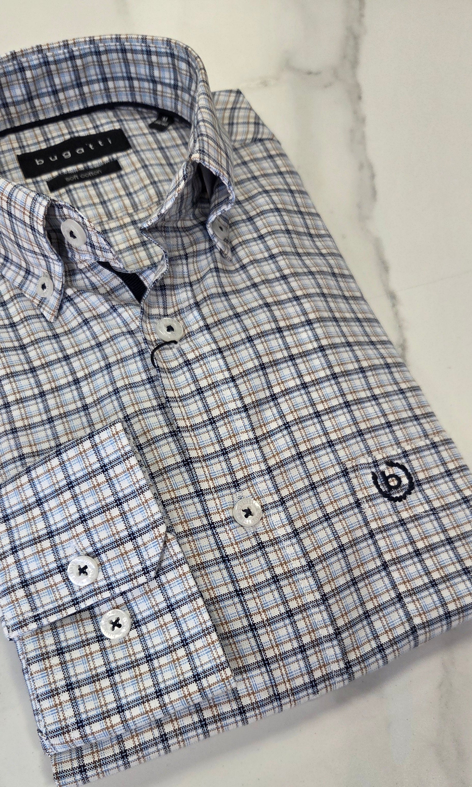BUGATTI L/S SHIRT - BLUE/BEIGE/NAVY