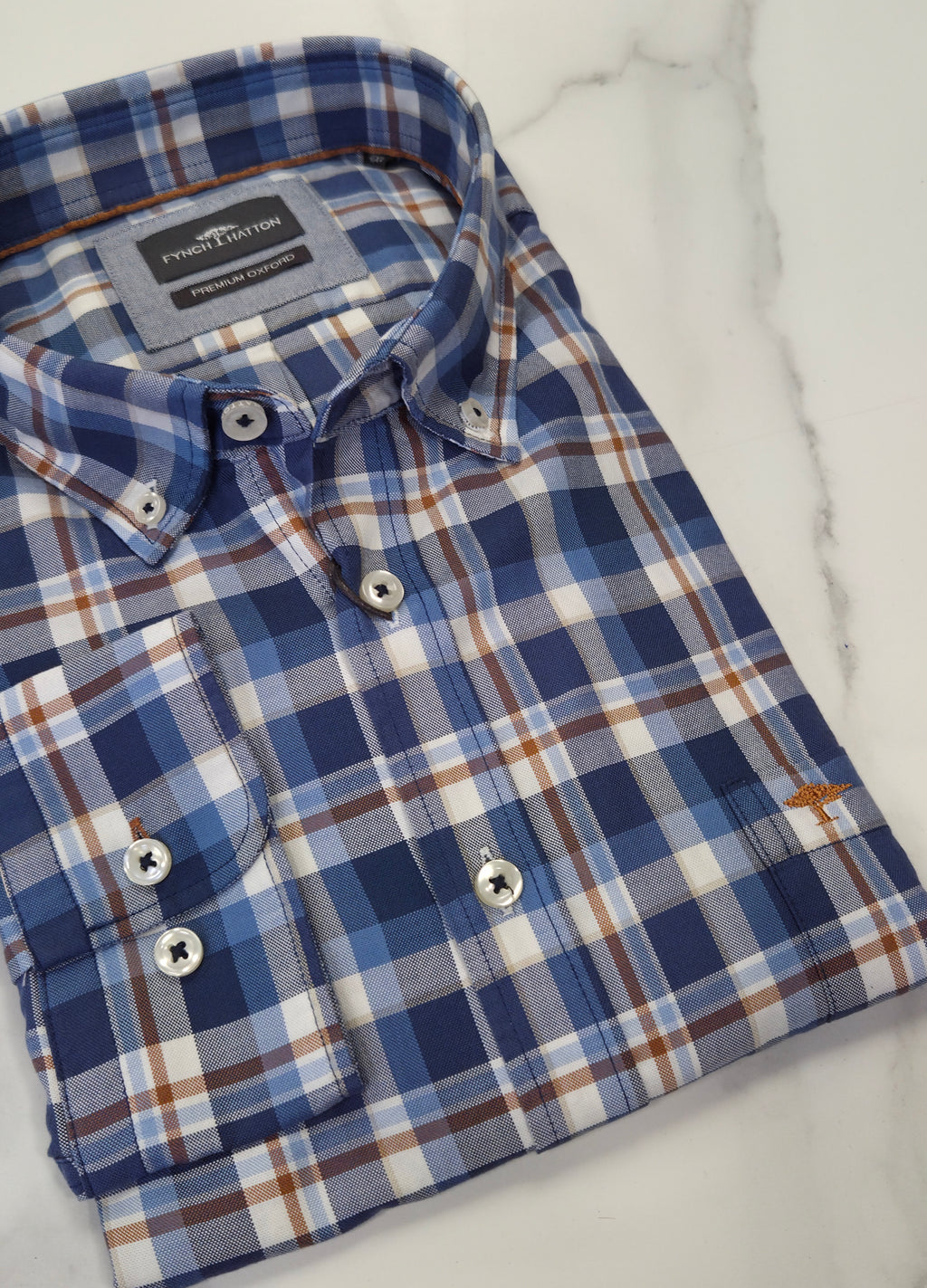 FYNCH HATTO CHECK OXFORD L/S SHIRT  - BLUE/BISCUIT