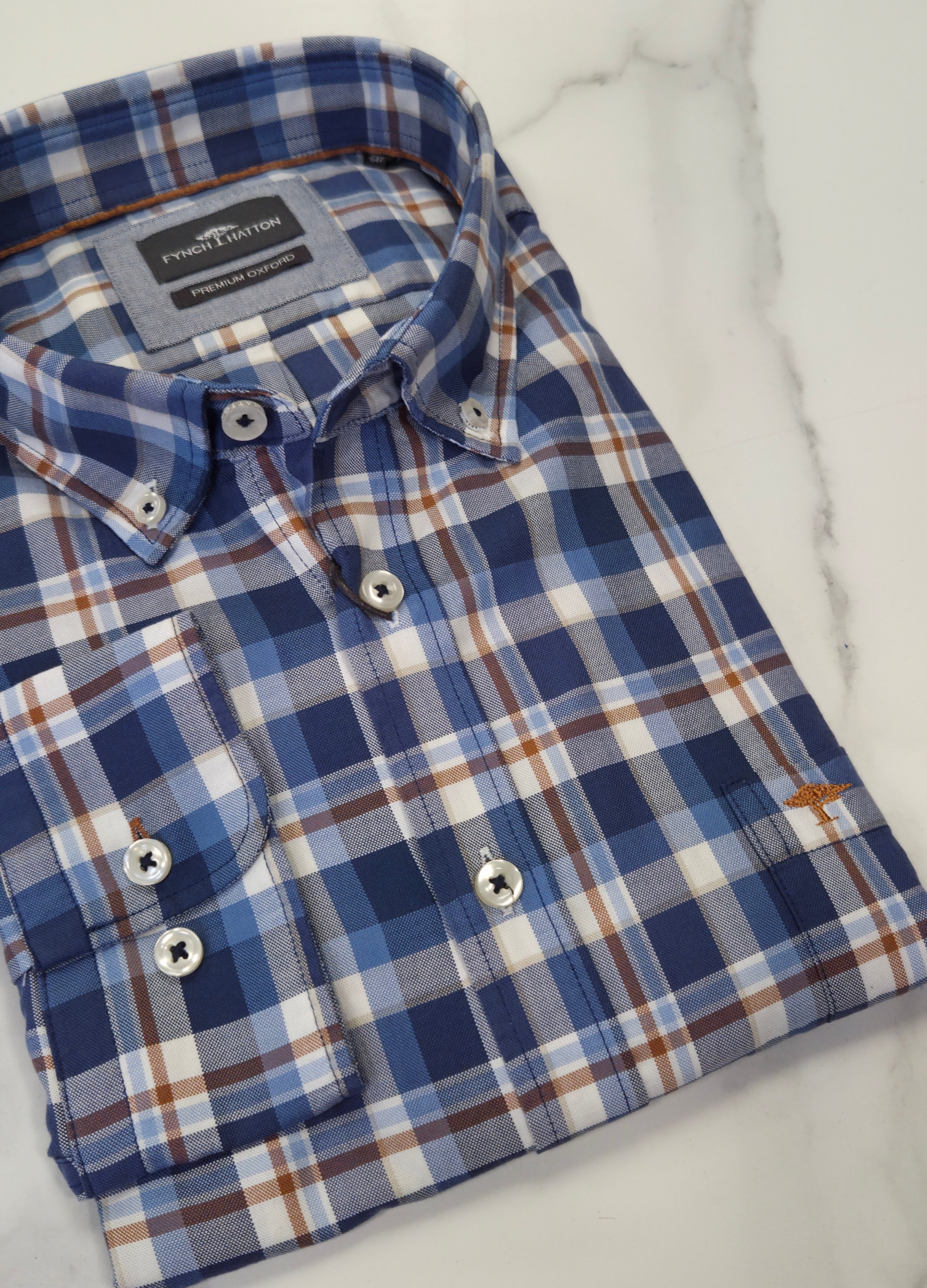 FYNCH HATTO CHECK OXFORD L/S SHIRT  - BLUE/BISCUIT