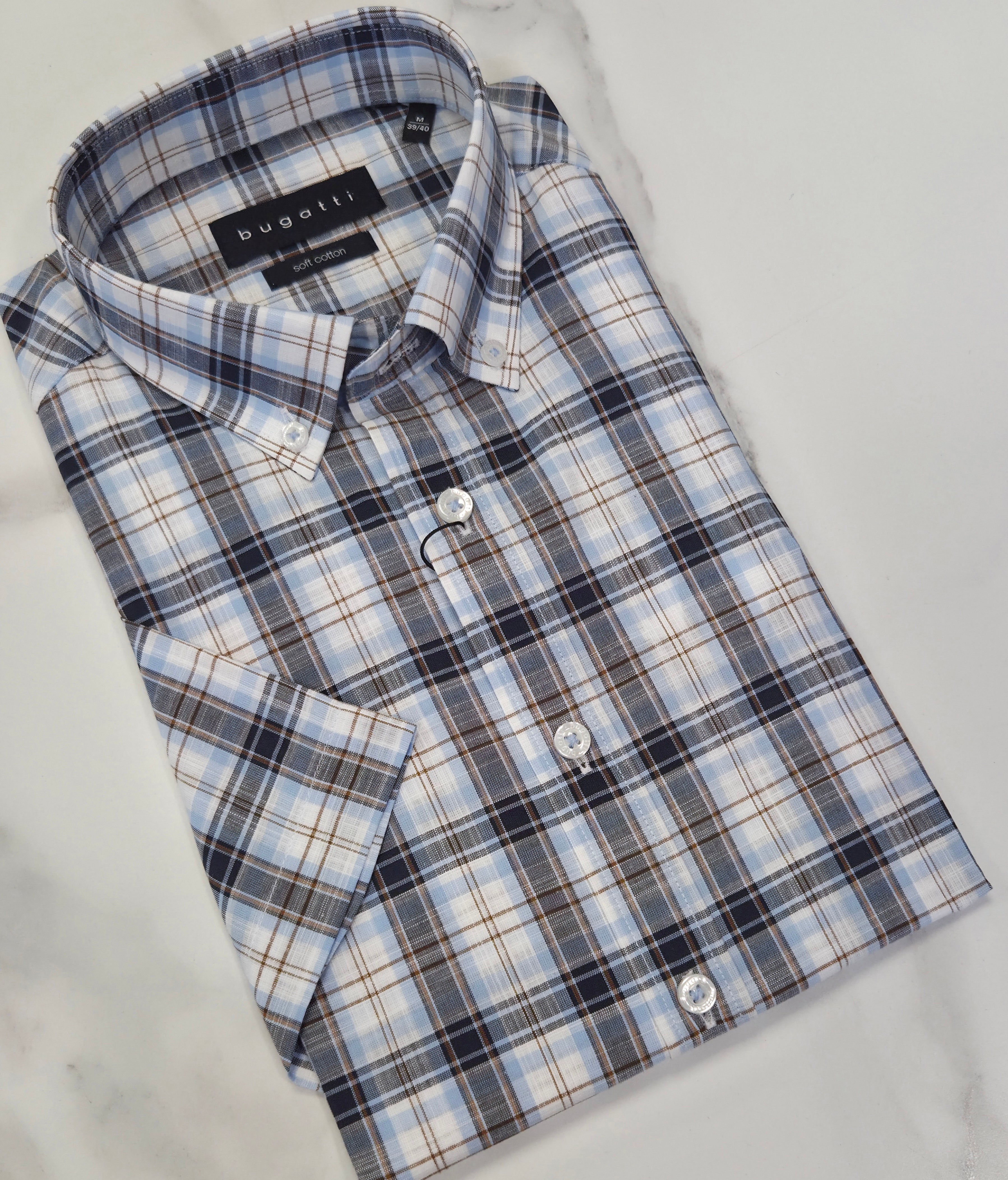 BUGATTI CHECK S/S SHIRT - (18337E/320) - BLUE/BEIGE